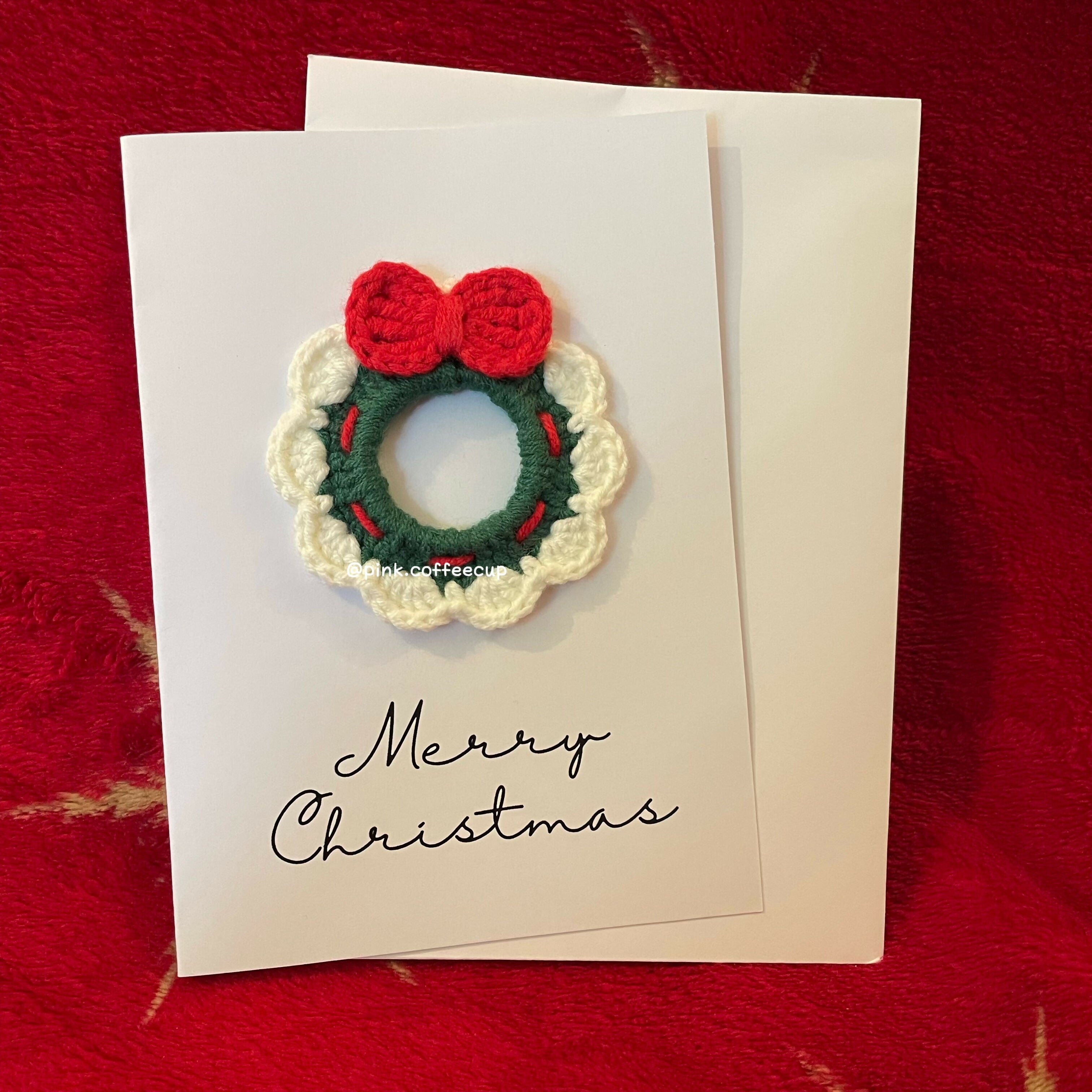Crochet Handmade Wreath with Bow Christmas Card - Merry Christmas