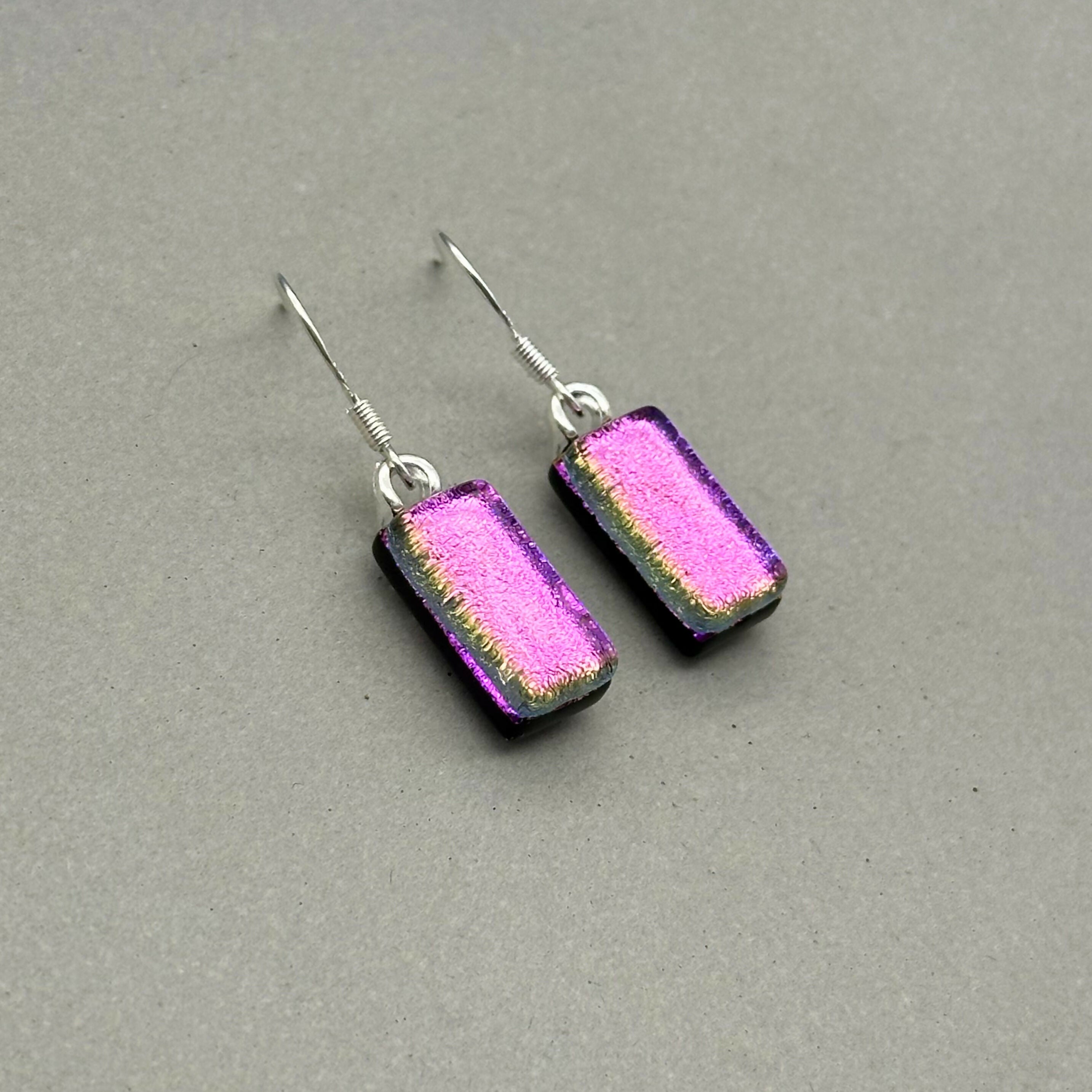 Magenta Dichroic Glass Necklace and Earrings Set - Sterling Silver, Handmade by Jade Tapson Glass.