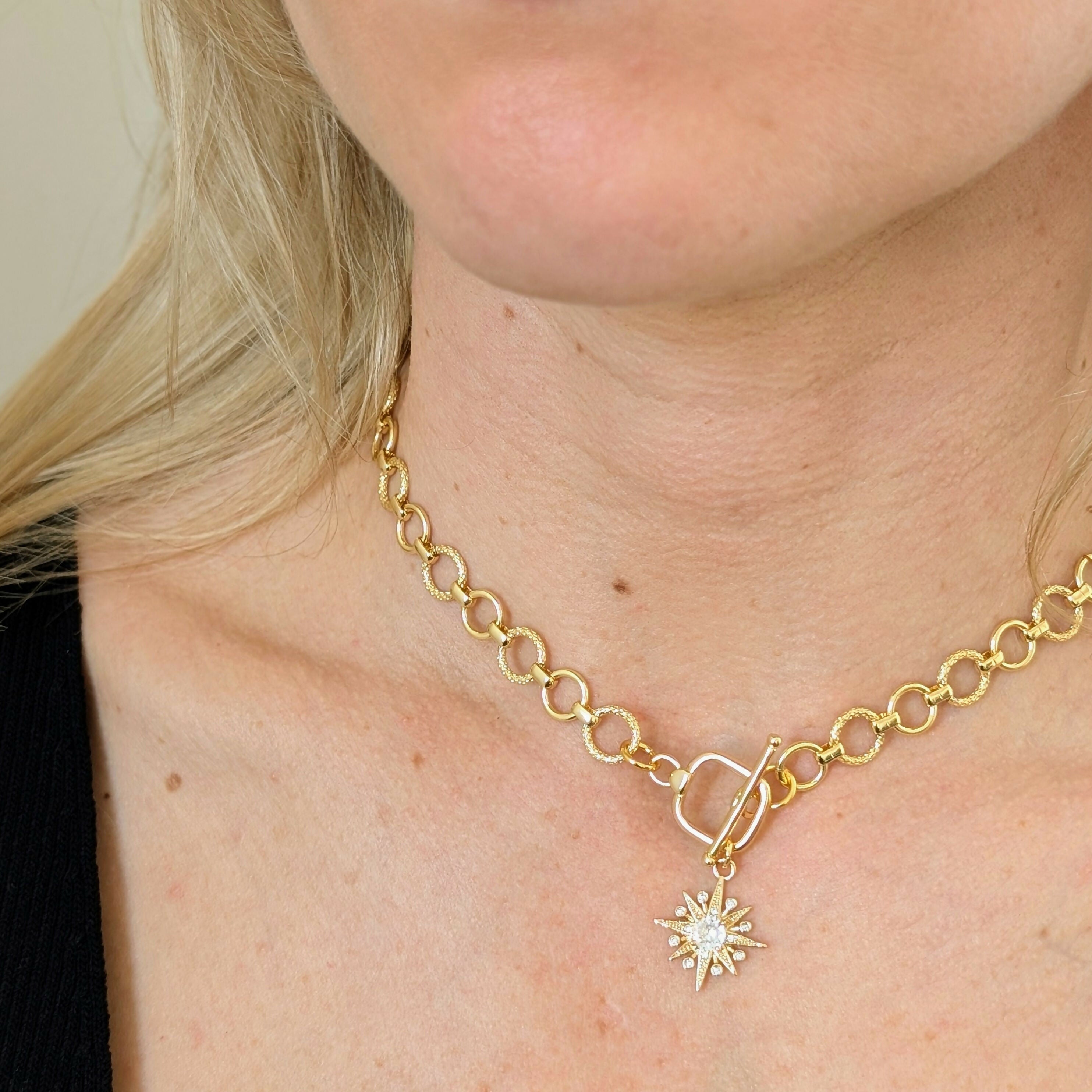 Gold Cubic Zirconia Star Toggle Necklace on Circular Gold Plated Chain