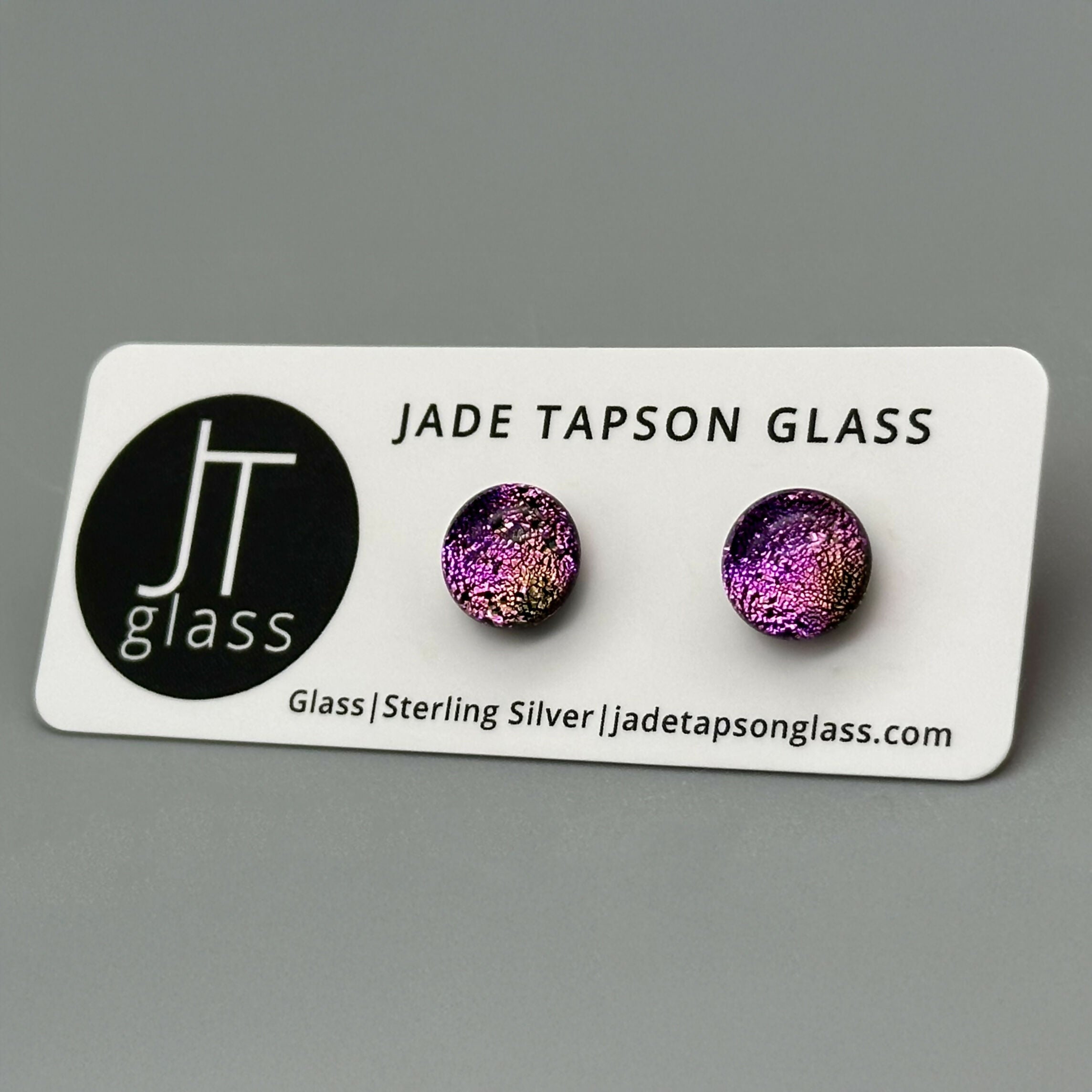 Pink Dichroic Fused Glass Sterling Silver Stud Earrings - Handmade by Jade Tapson Glass.