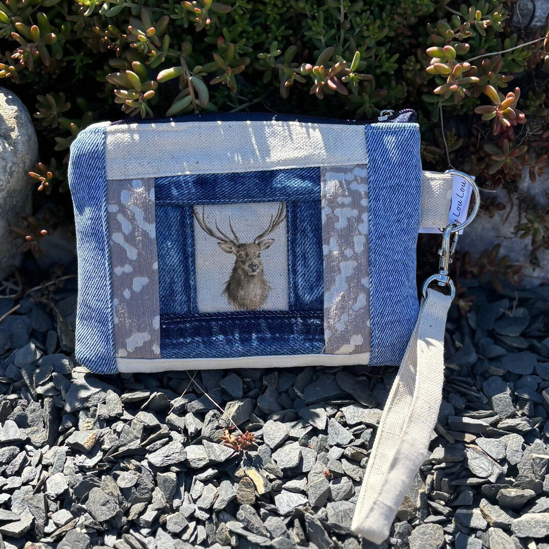 Unique Handcrafted Patchwork Purse Wristie Made From Upcycled Jeans And Animal Print Fabric
