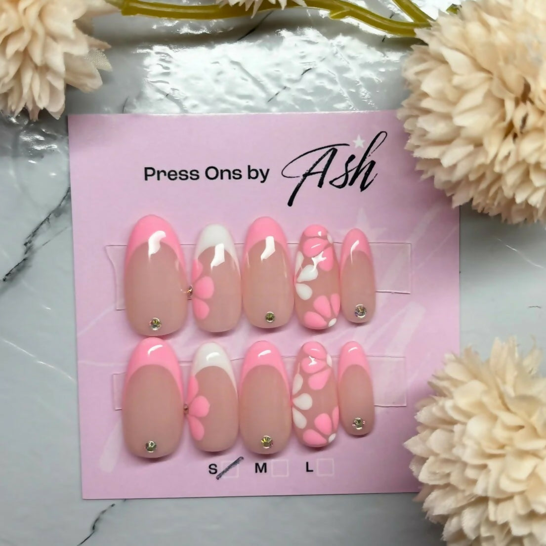 Reusable Pink and White Flowery French Tip with Diamontes Handmade Press On Nails