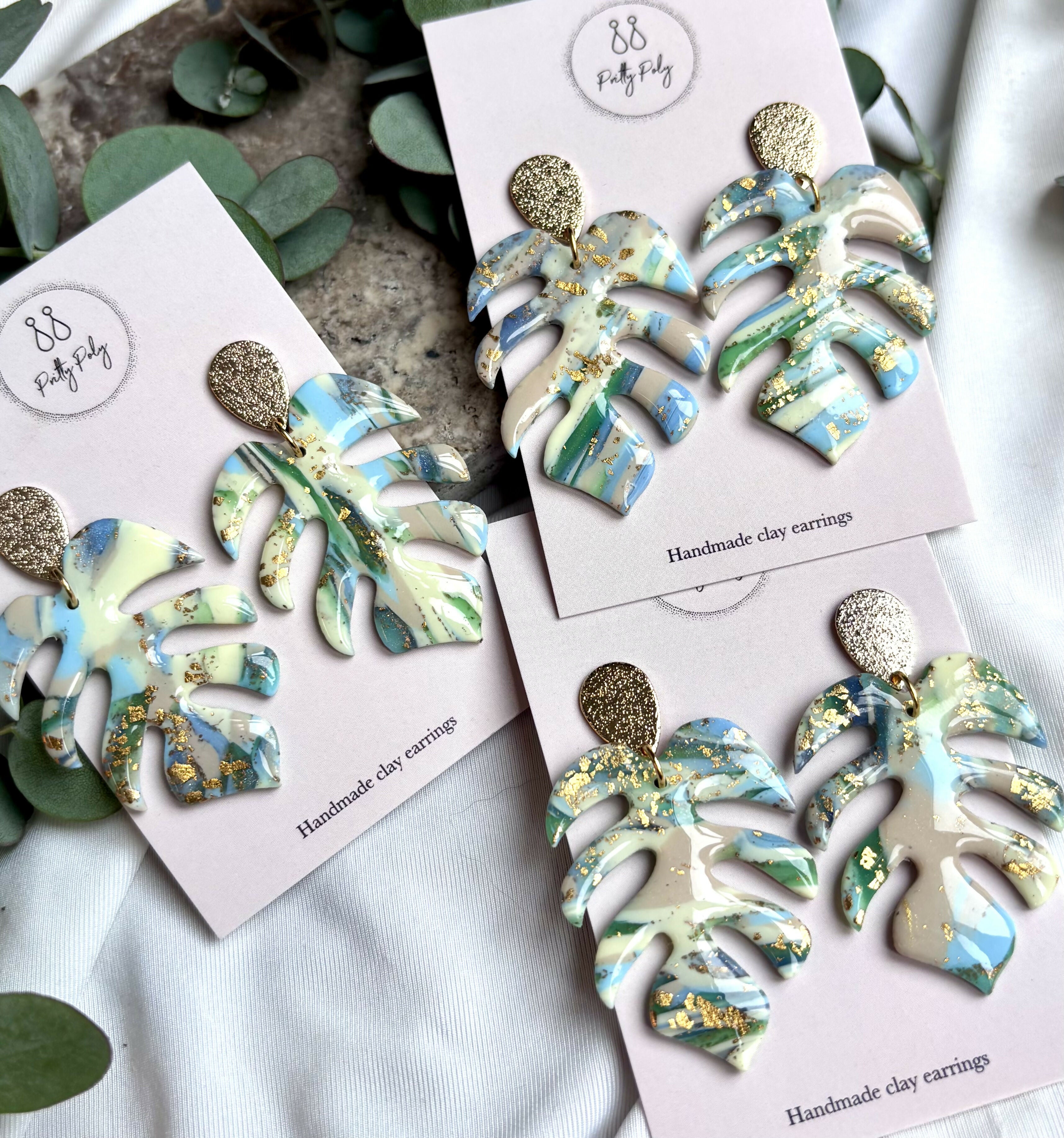 Aqua Collection - Monstera Leaf Polymer Clay Earrings