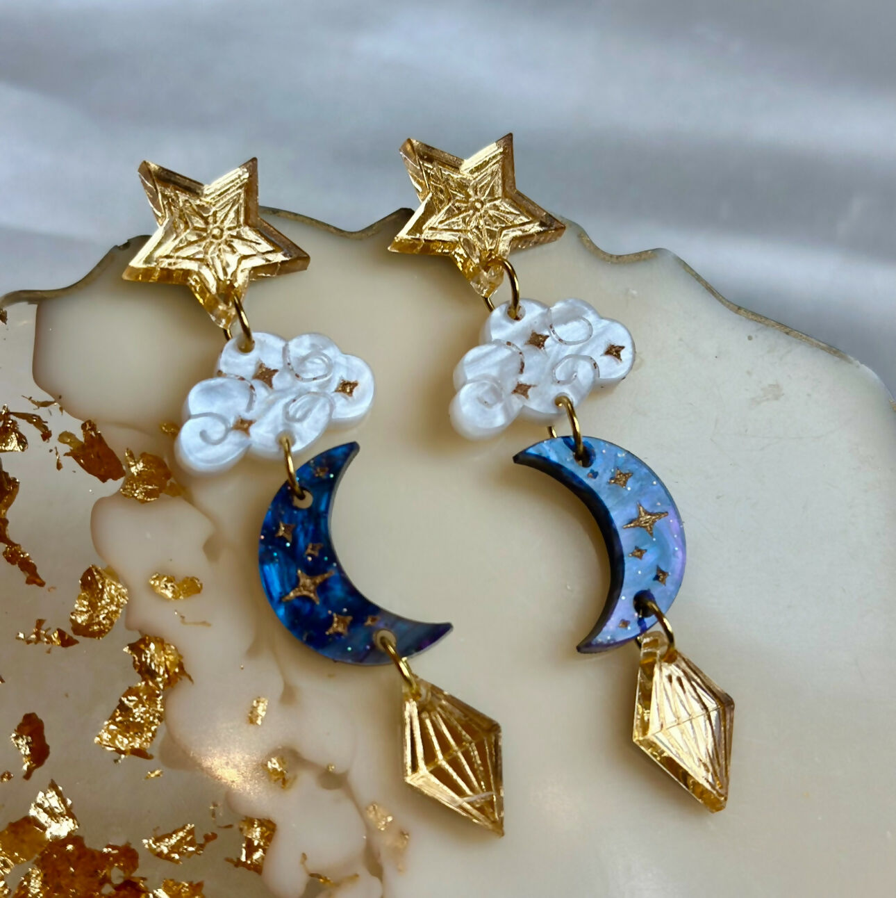 Moon, Cloud and Star Dangly Earrings