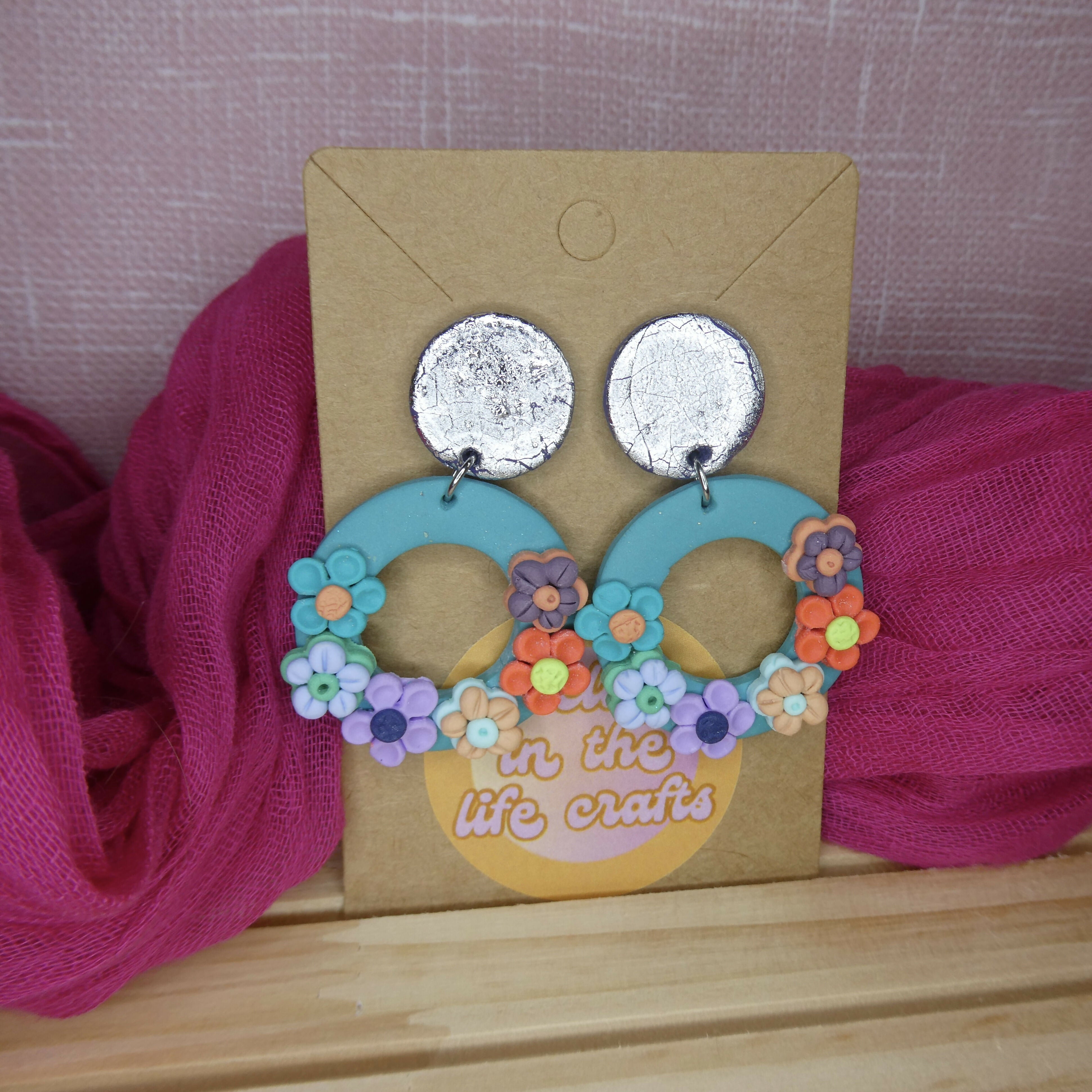 Turquoise Ring Polymer Clay Earrings With Multicoloured Flowers