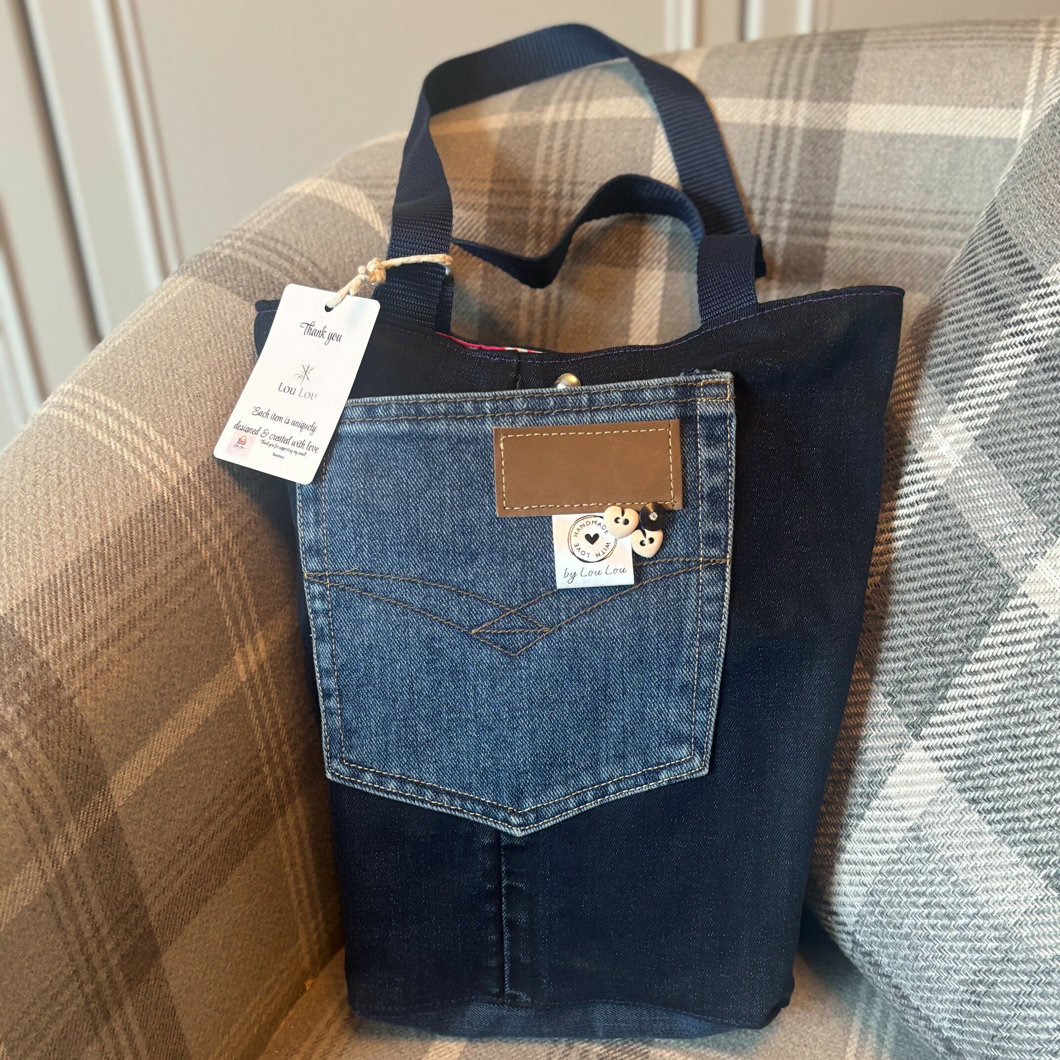 Unique Handcrafted Denim Tote Shopping Bag Handbag Made From Upcycled Jeans