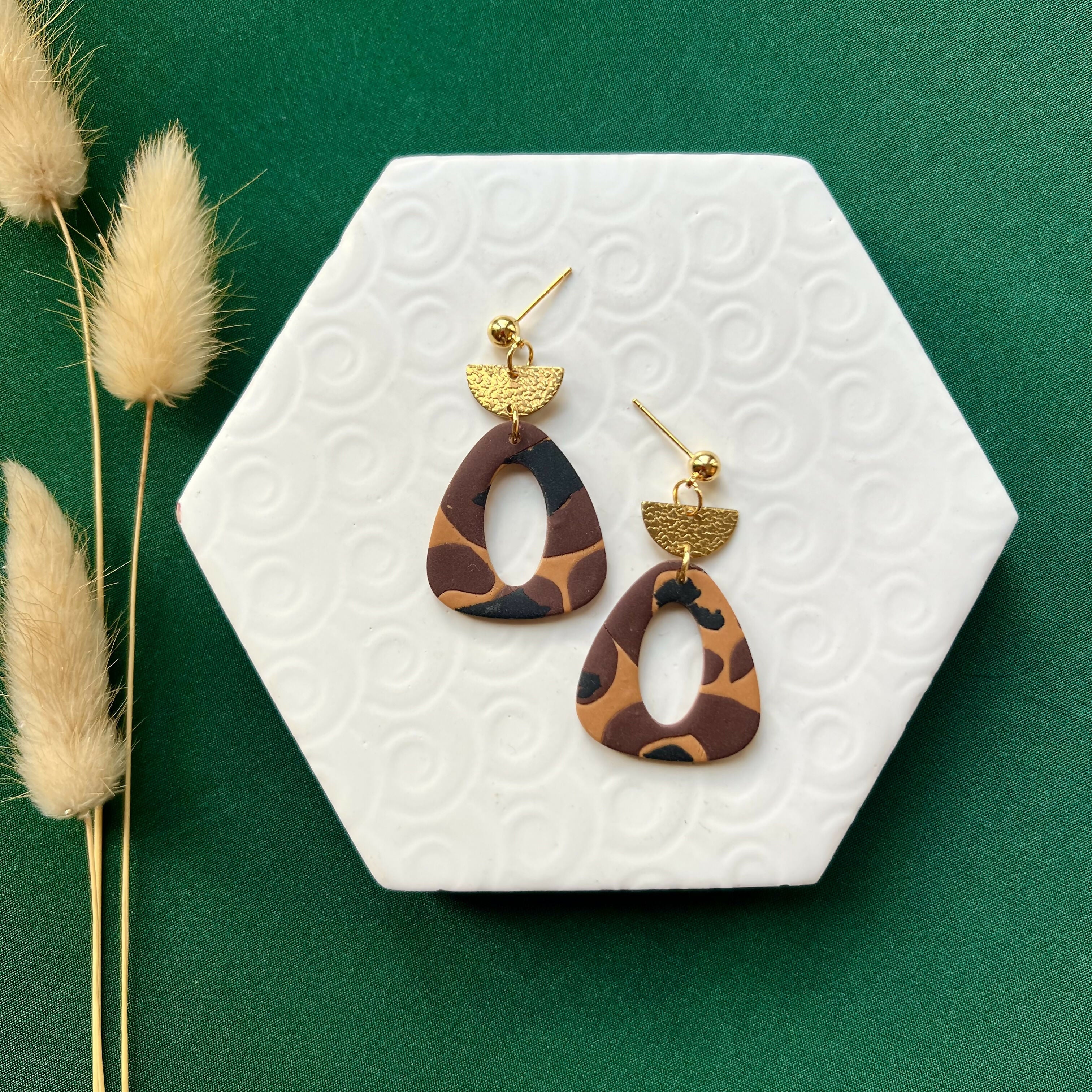 Carla Leopard Print Polymer Clay & Gold Drop Earrings