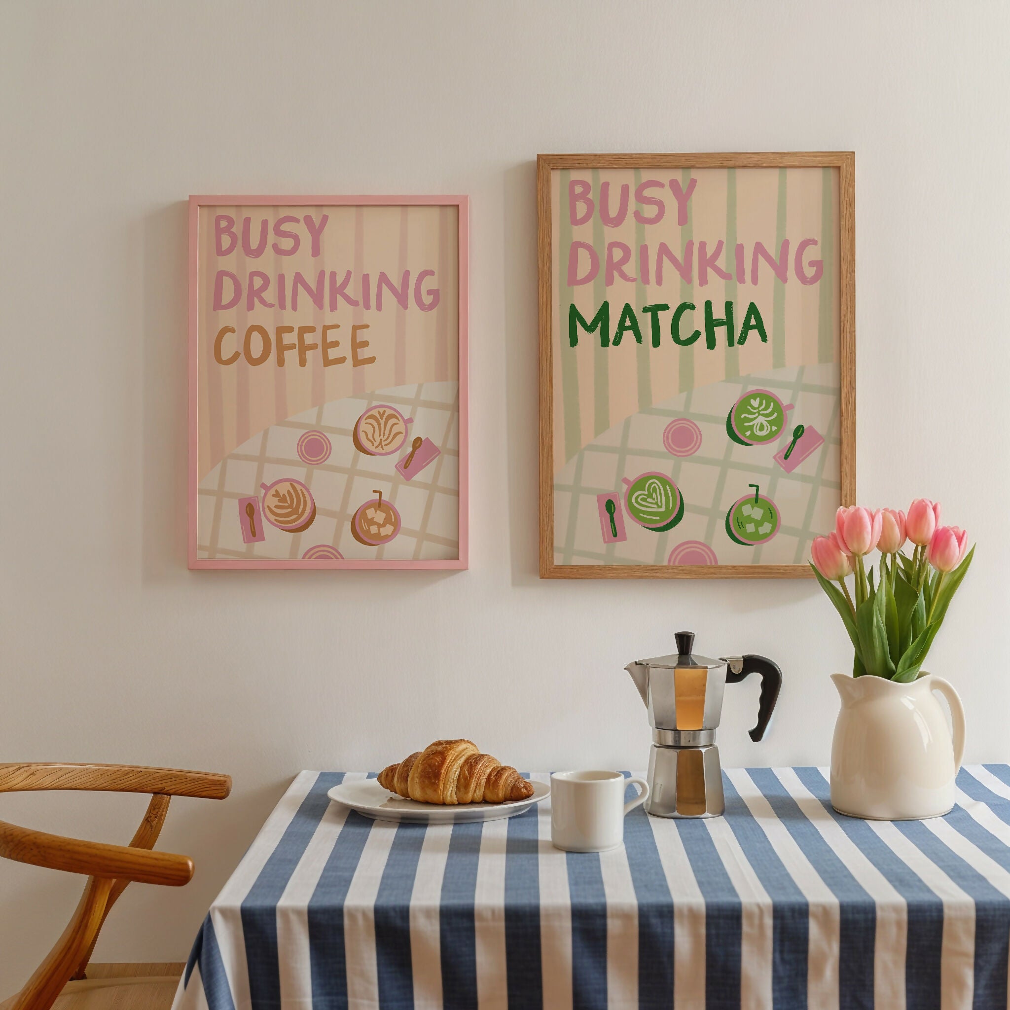 Busy Drinking Matcha Print – Pink Coffee Shop Print