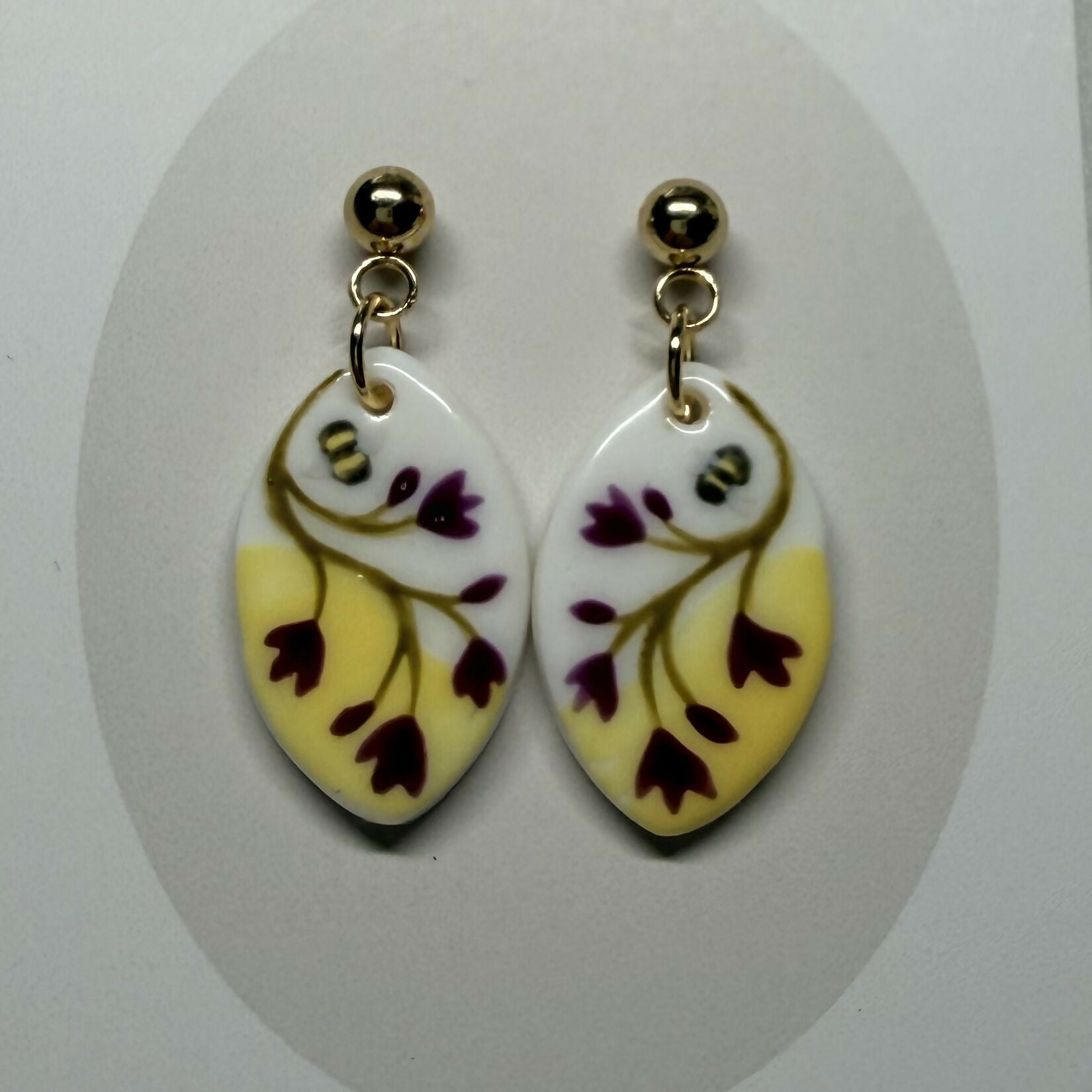 Yellow Background Vines Gold Plated Earrings