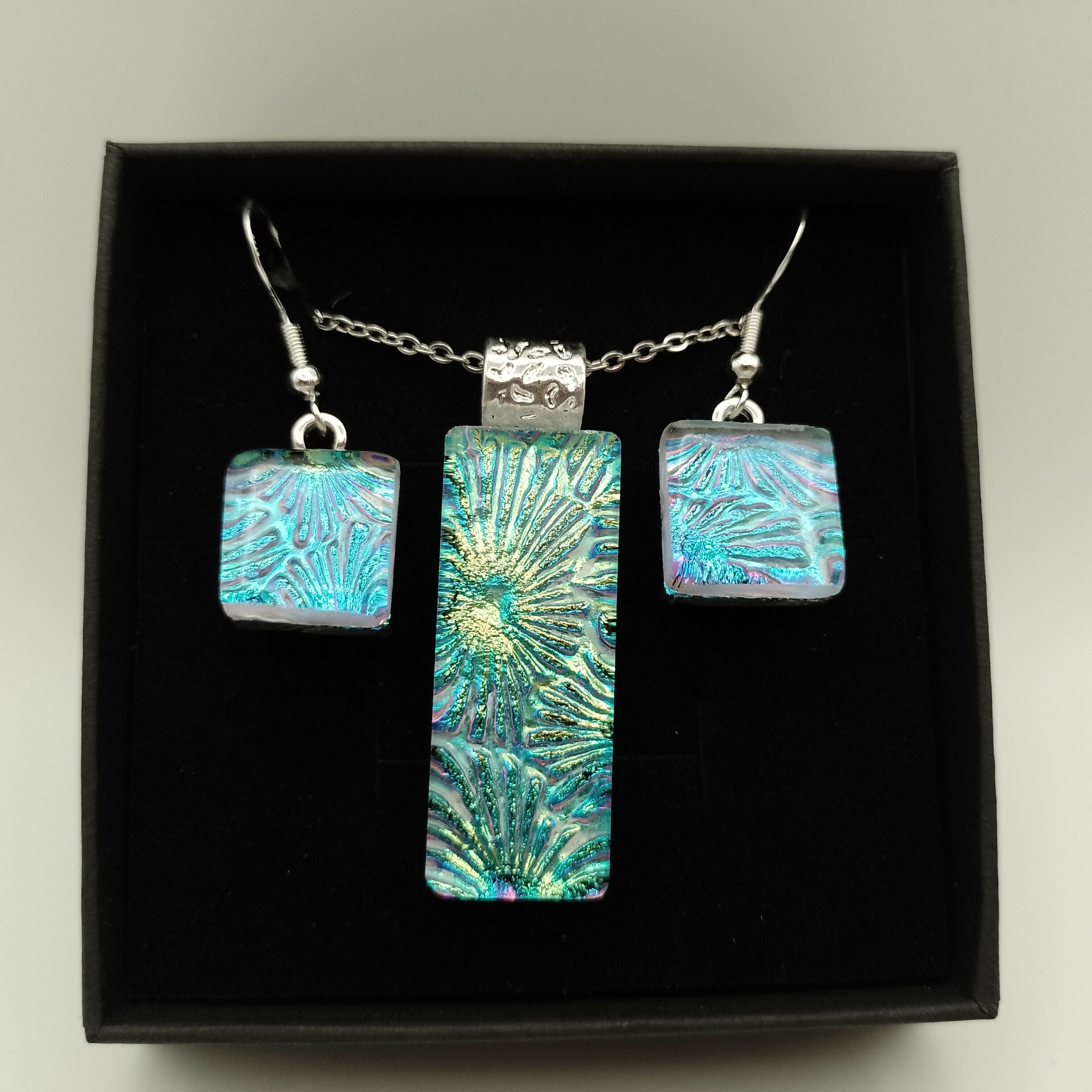 Green and Blue Dichroic Glass Pendant and Earring Set