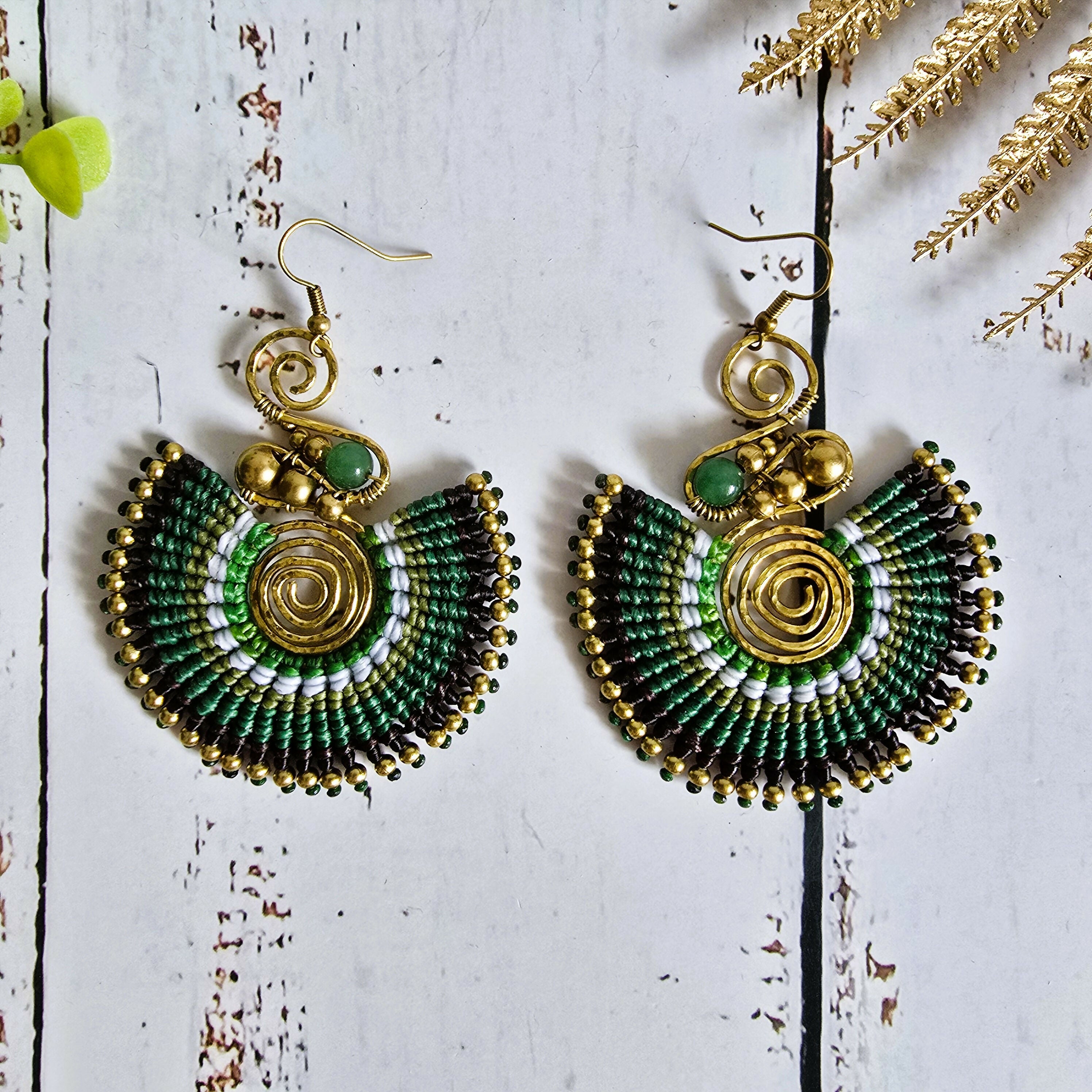 Green Jade Crystal Earrings; Full Moon Macramé Earrings With Gold Spiral & Bohemian Wirework