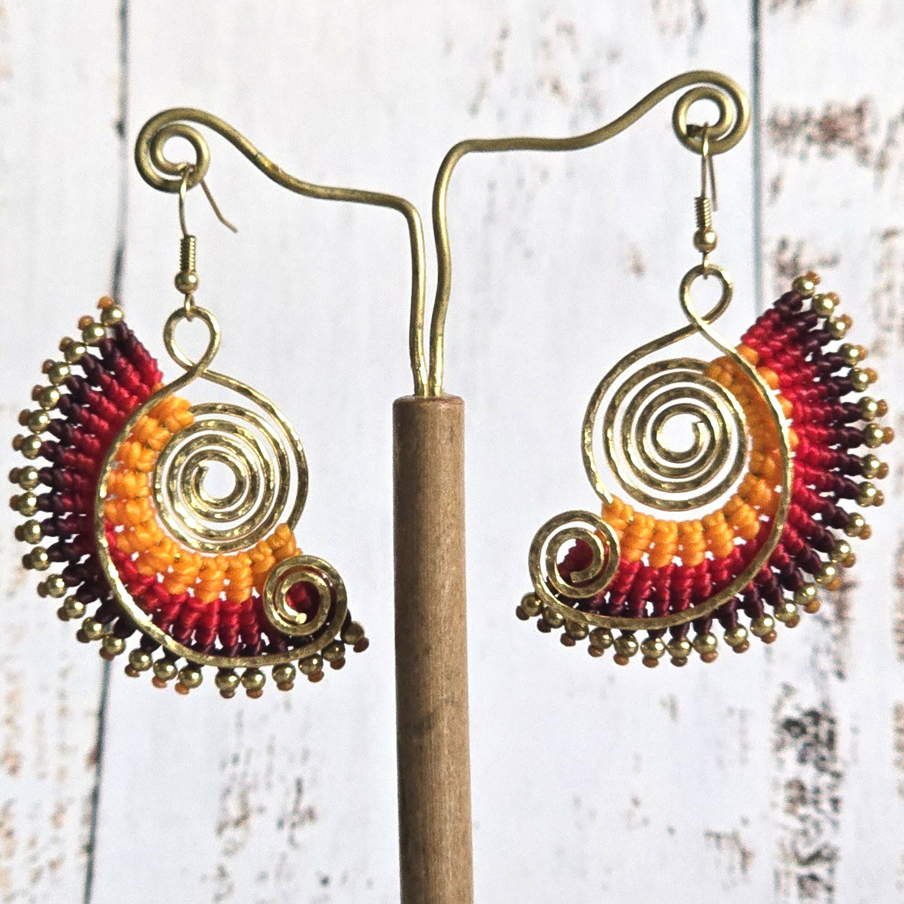 Sunset Macrame Earrings; Golden Spiral Knotted Cord Boho Red Orange Yellow Earrings