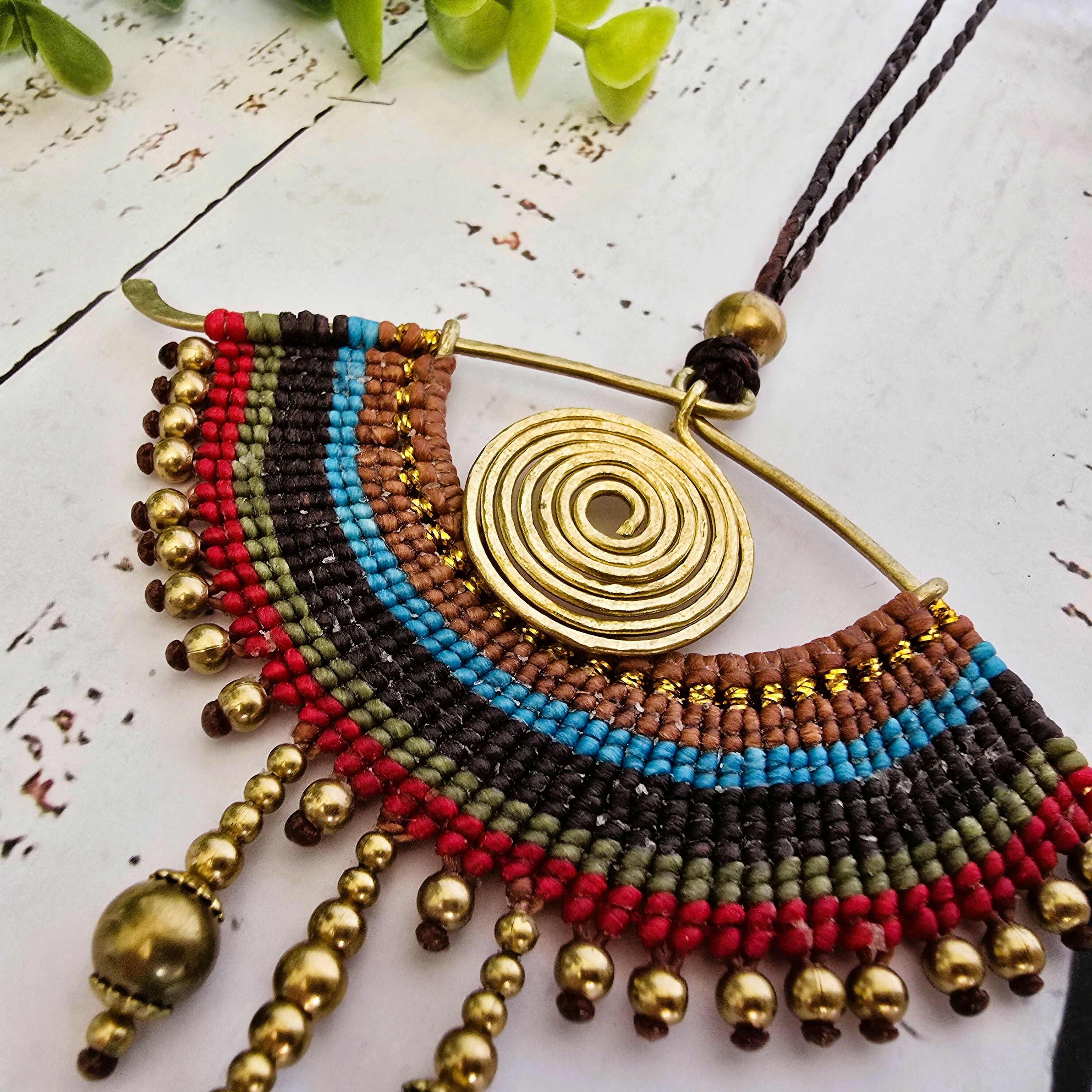 All-Seeing Eye Necklace; Turquoise Crystal Macramé Pendant With Handcrafted Brass Spiral Wire-Art