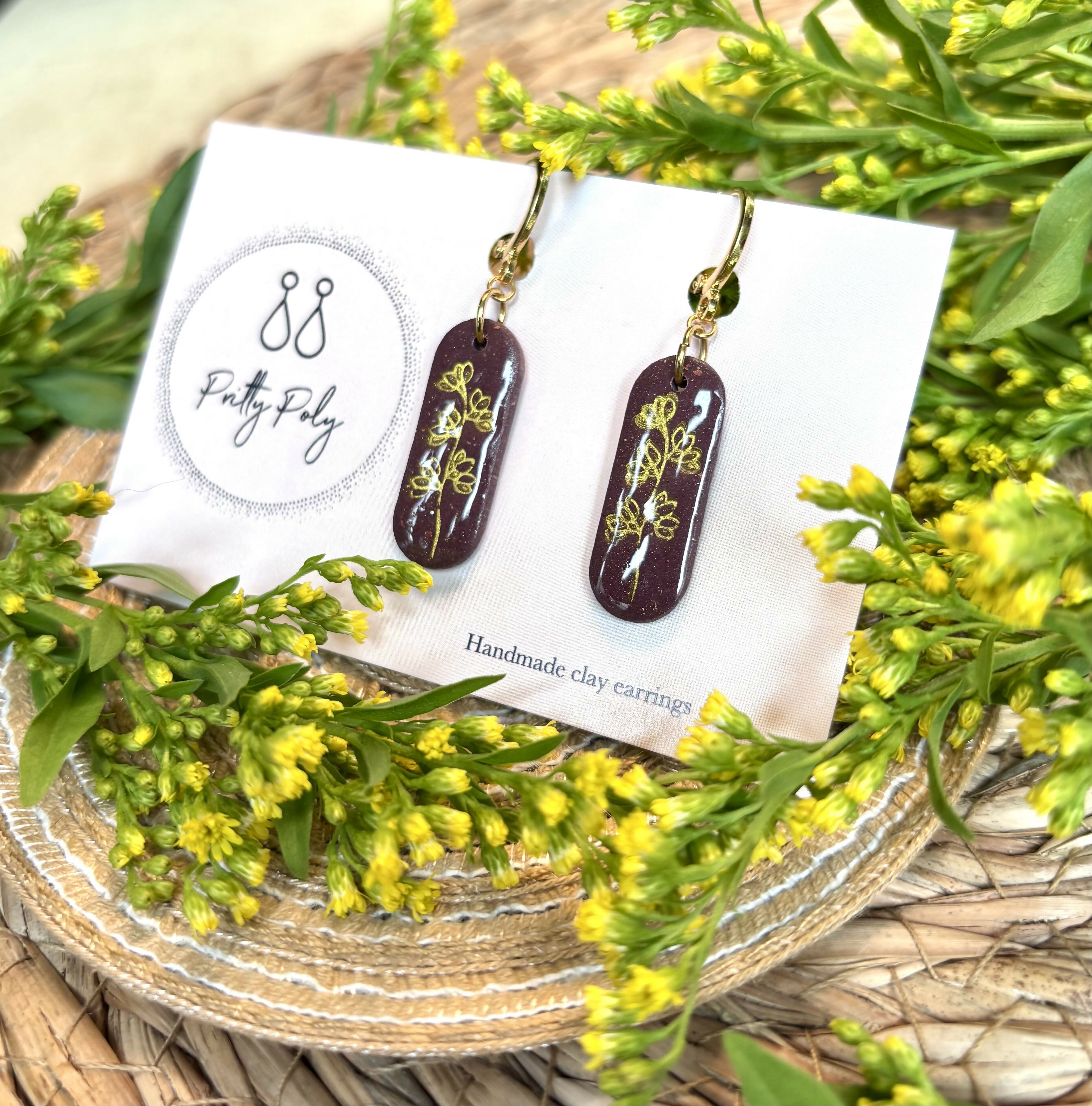 Burgundy Flower Huggie Hoops Polymer Clay Earrings