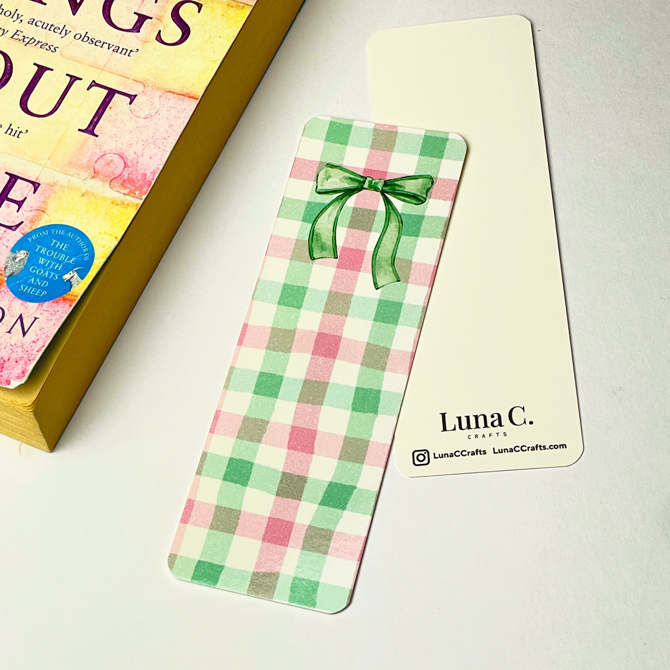 Green and Pink Gingham with a Green Bow 15 x 5 cm Bookmark