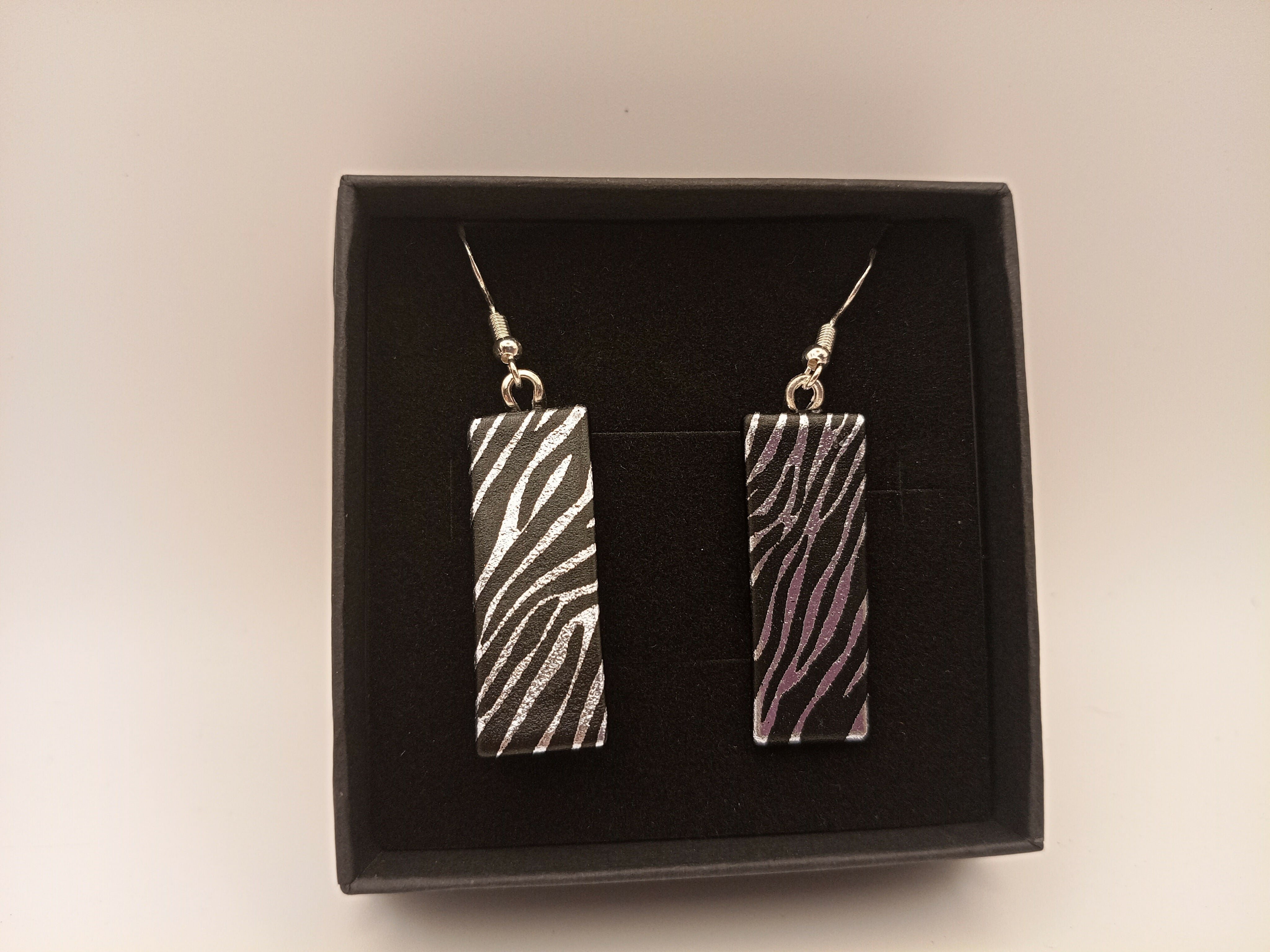 Silver on Black Dichroic Zebra Print Earrings