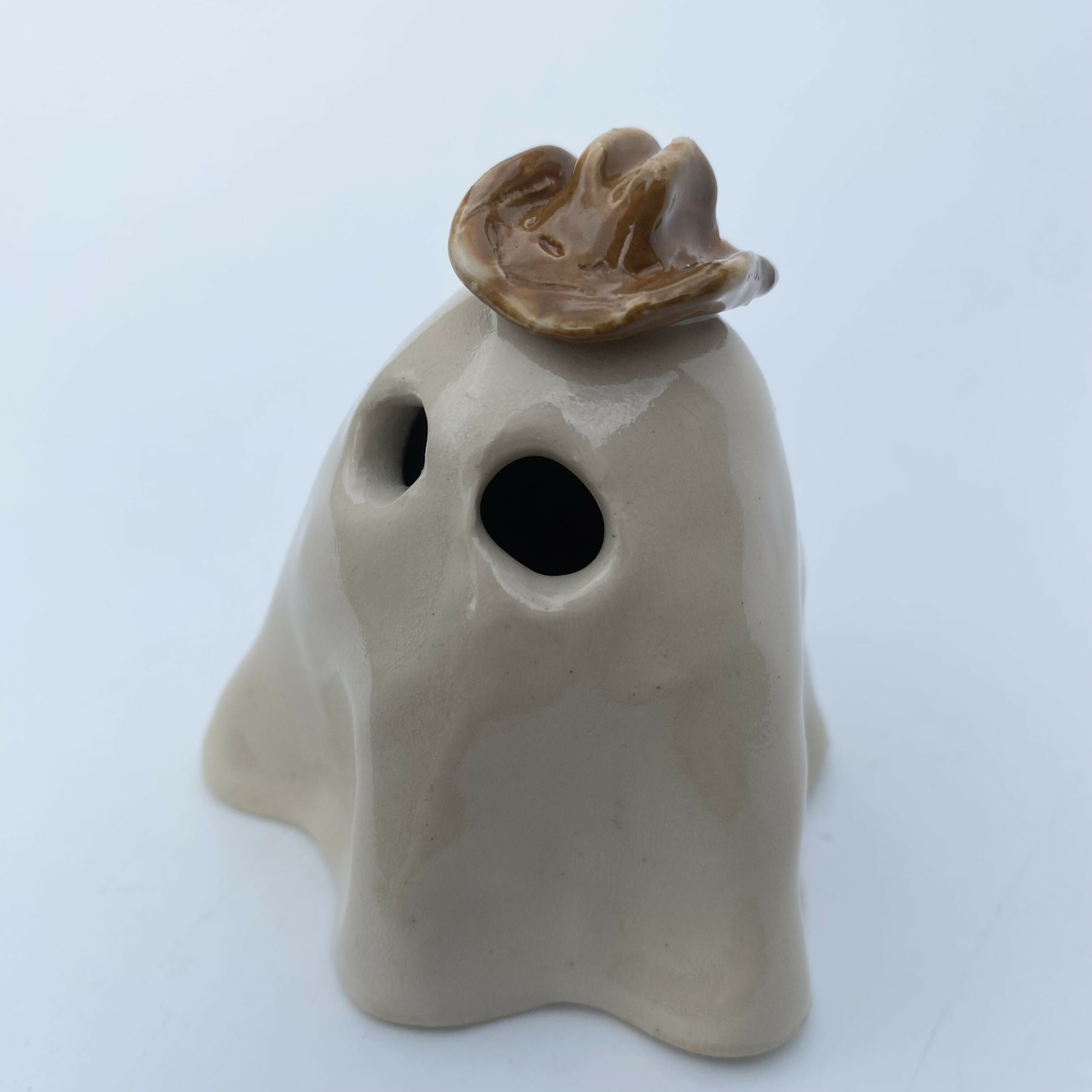 Handmade Ceramic Ghost Ornament With A Cowboy Hat