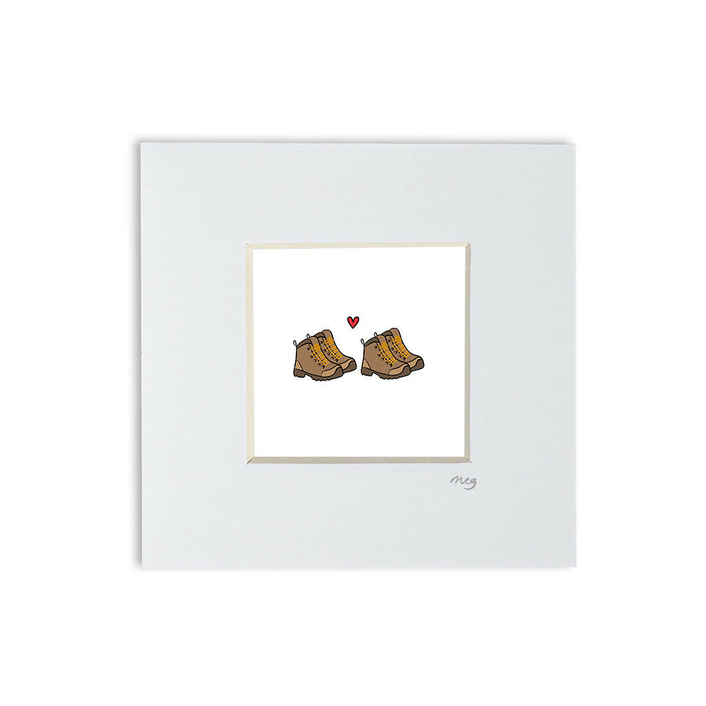 Two Hiking Boots 4x4" Mounted Mini Print
