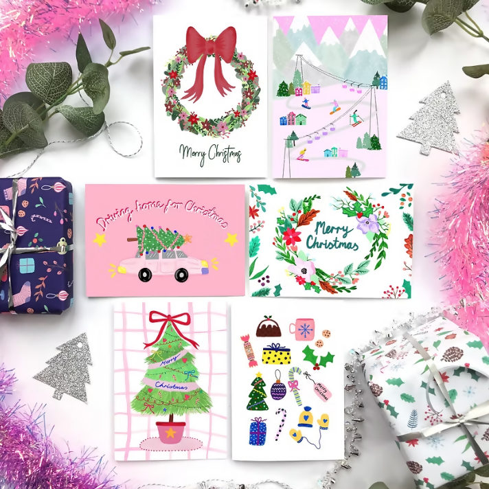 6 Pack illustrated Christmas cards