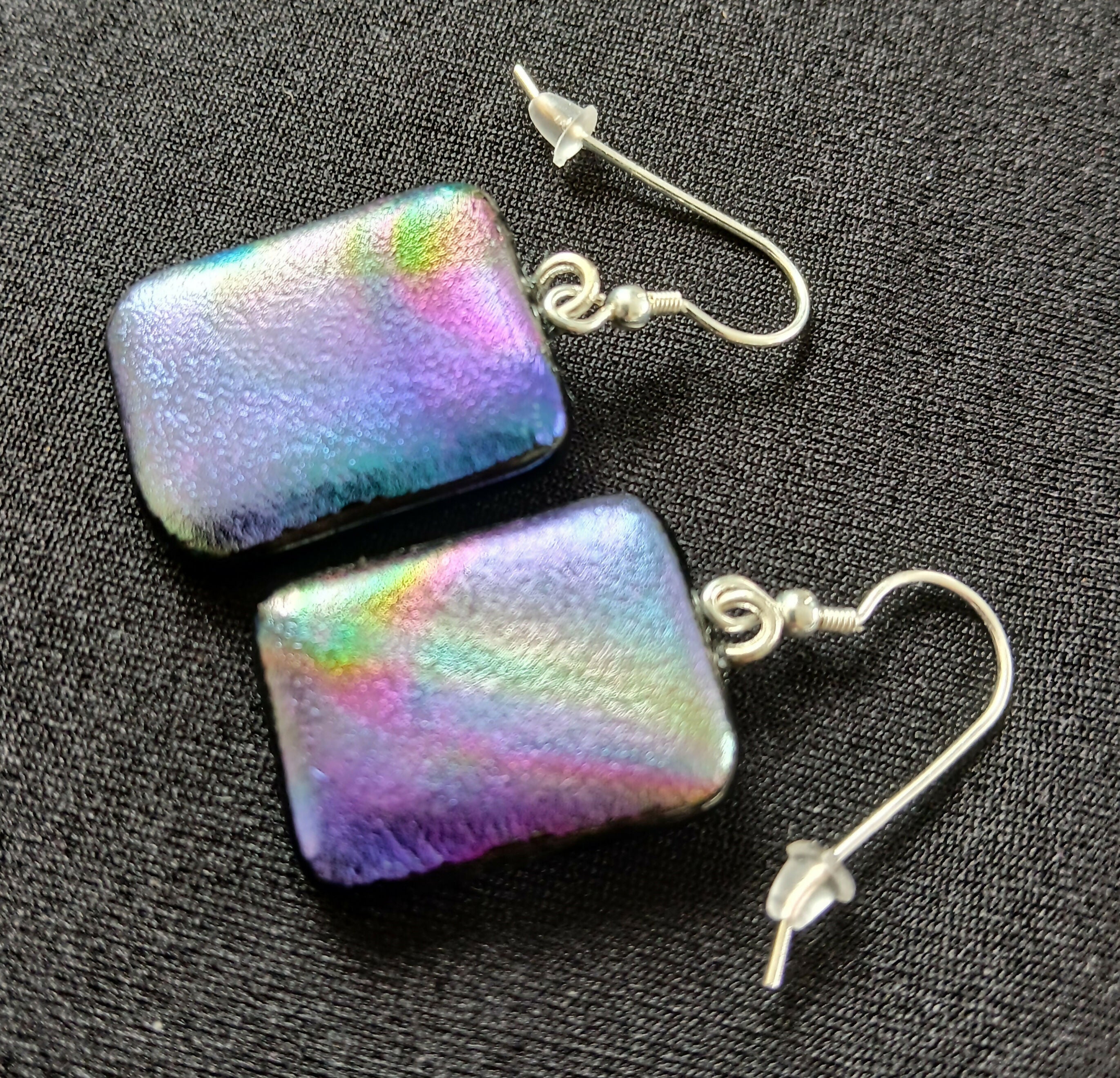 Fused Dichroic Glass Earrings in Rainbow with Sterling Silver Hooks