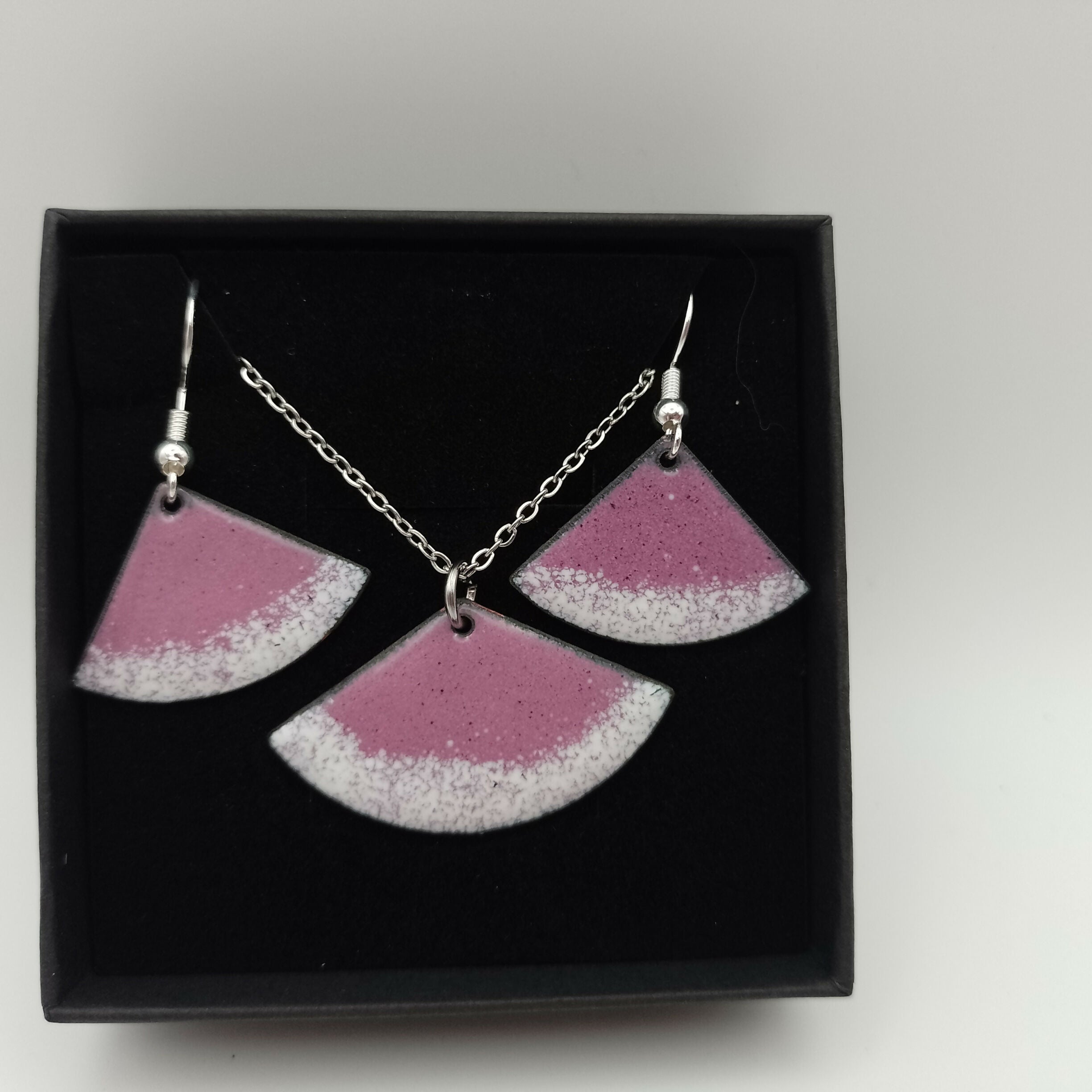 Pink and White Fan Earring and Pendant Set