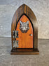 Handcrafted Opening Wooden Fairy Door Decorated with an Engraved Wolf's Face