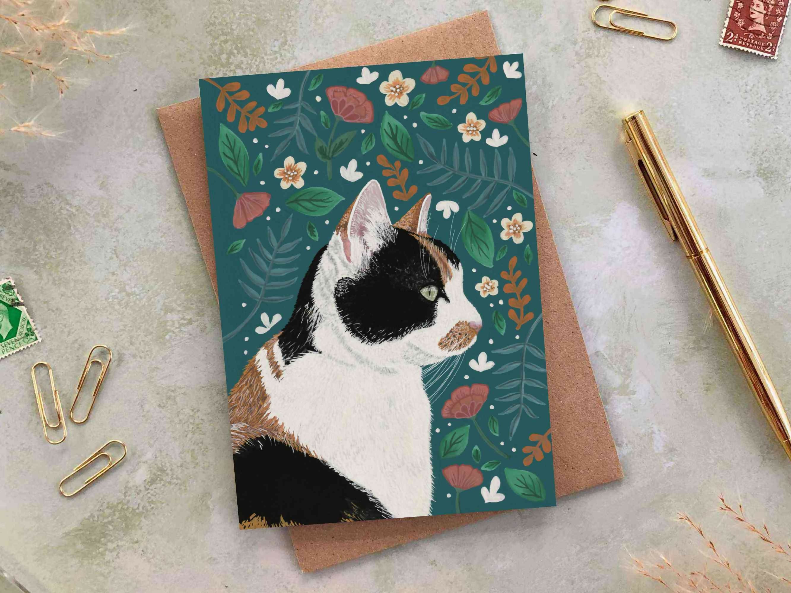 Calico Cat Floral A6 Greeting Card