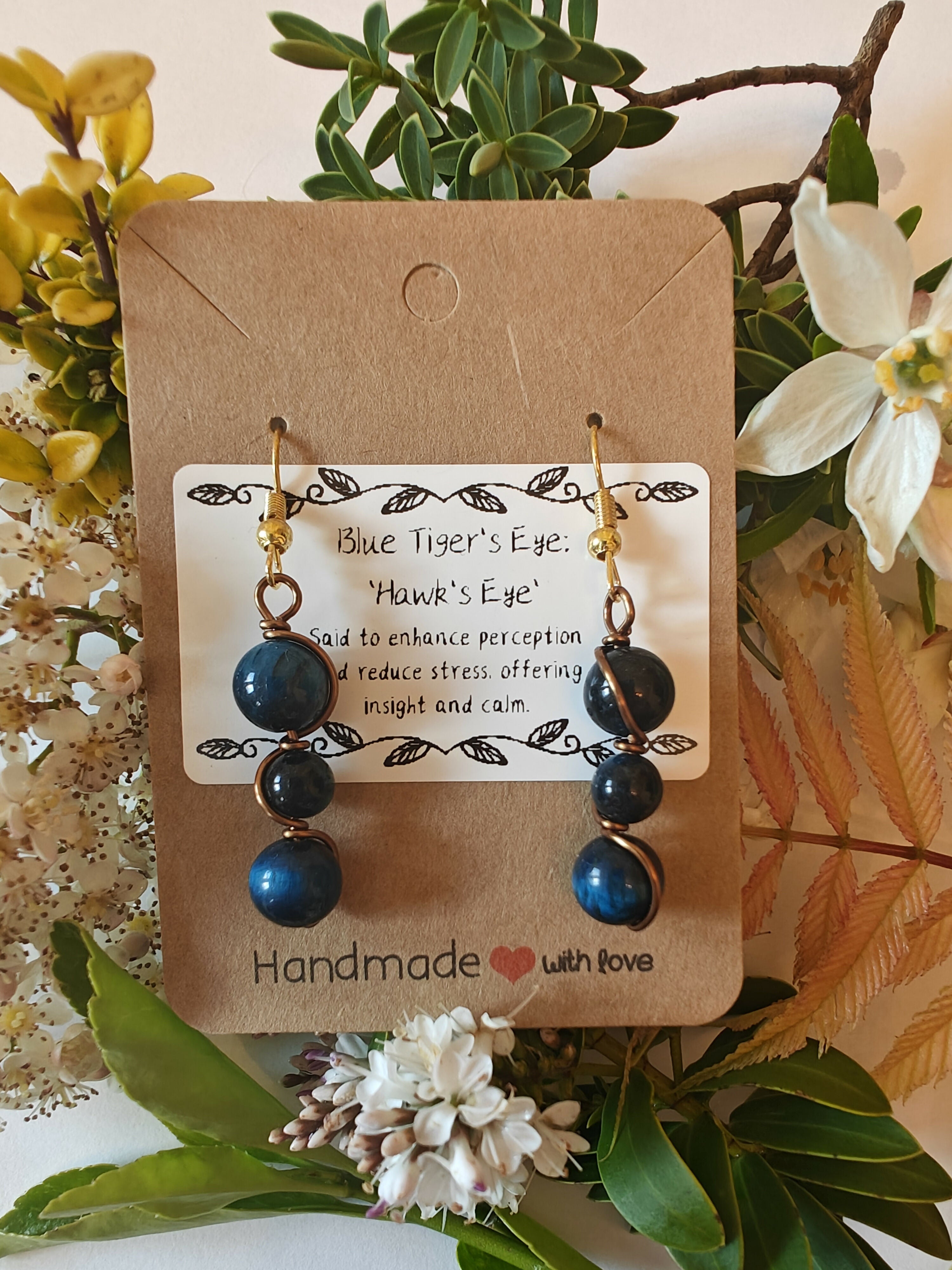 Blue Tiger's Eye Wire Wrapped Crystal Bead Earrings