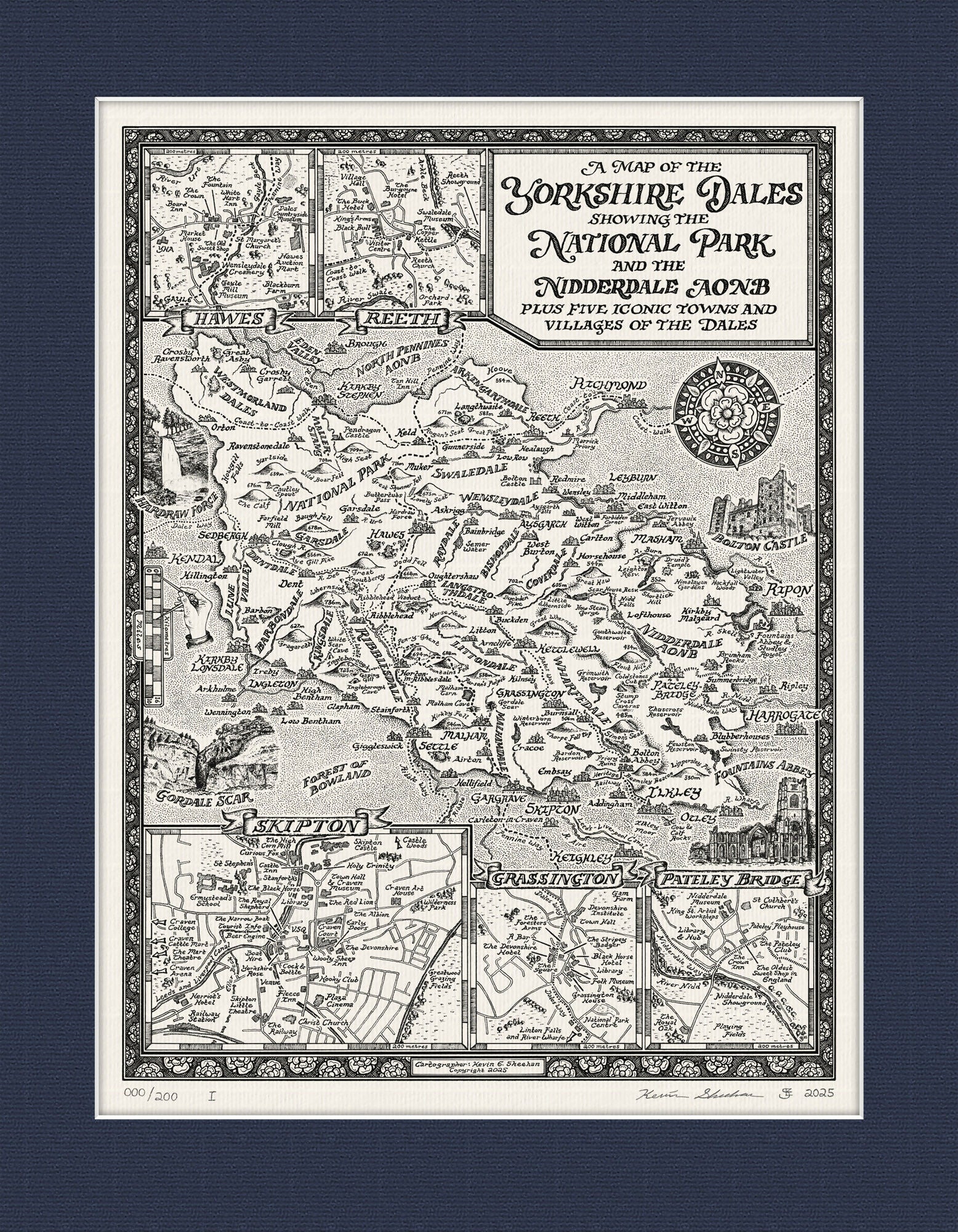 Yorkshire Dales Map Hand Drawn Fine Art Print