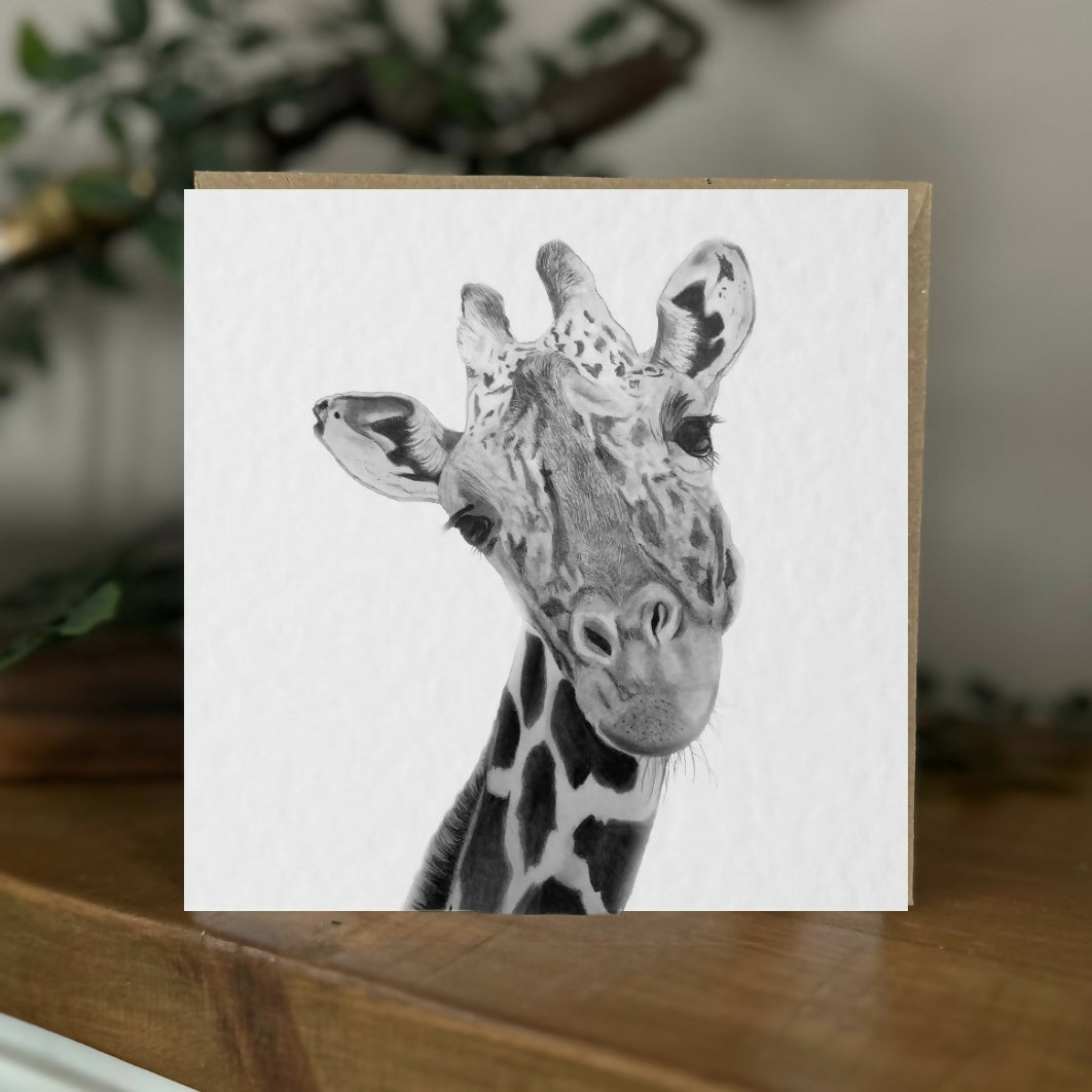 Giraffe Greeting Card – Safari Animal Art – Black & White - Blank Inside
