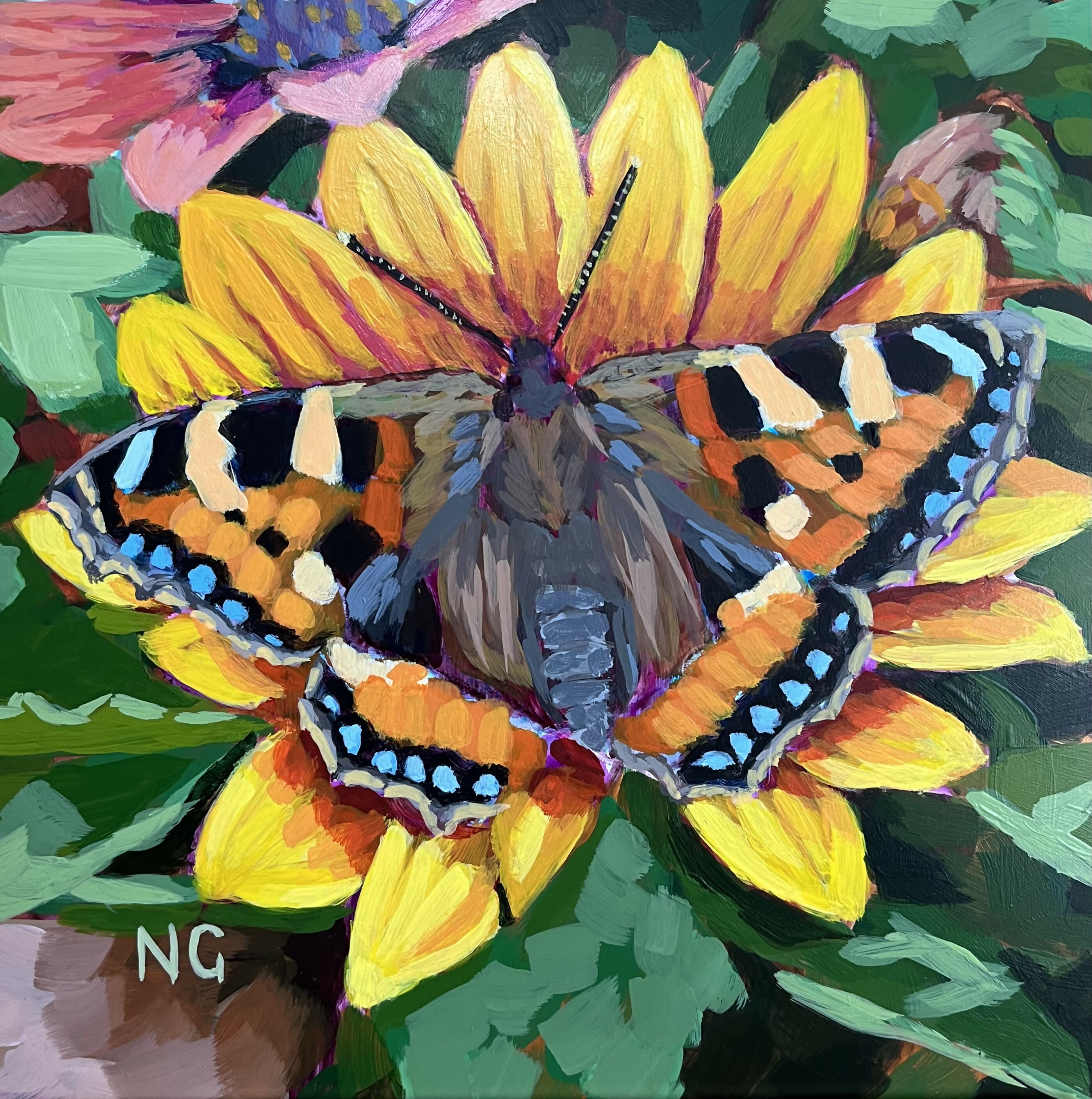 Small Tortoiseshell Butterfly on a Yellow Bloom Floral - Framed Original Acrylic Painting