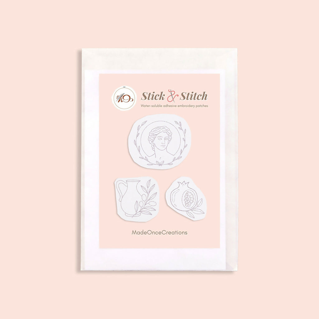 Feminine Power Stick & Stitch Embroidery Patterns Set – Woman’s Head, Pomegranate & Jar Designs