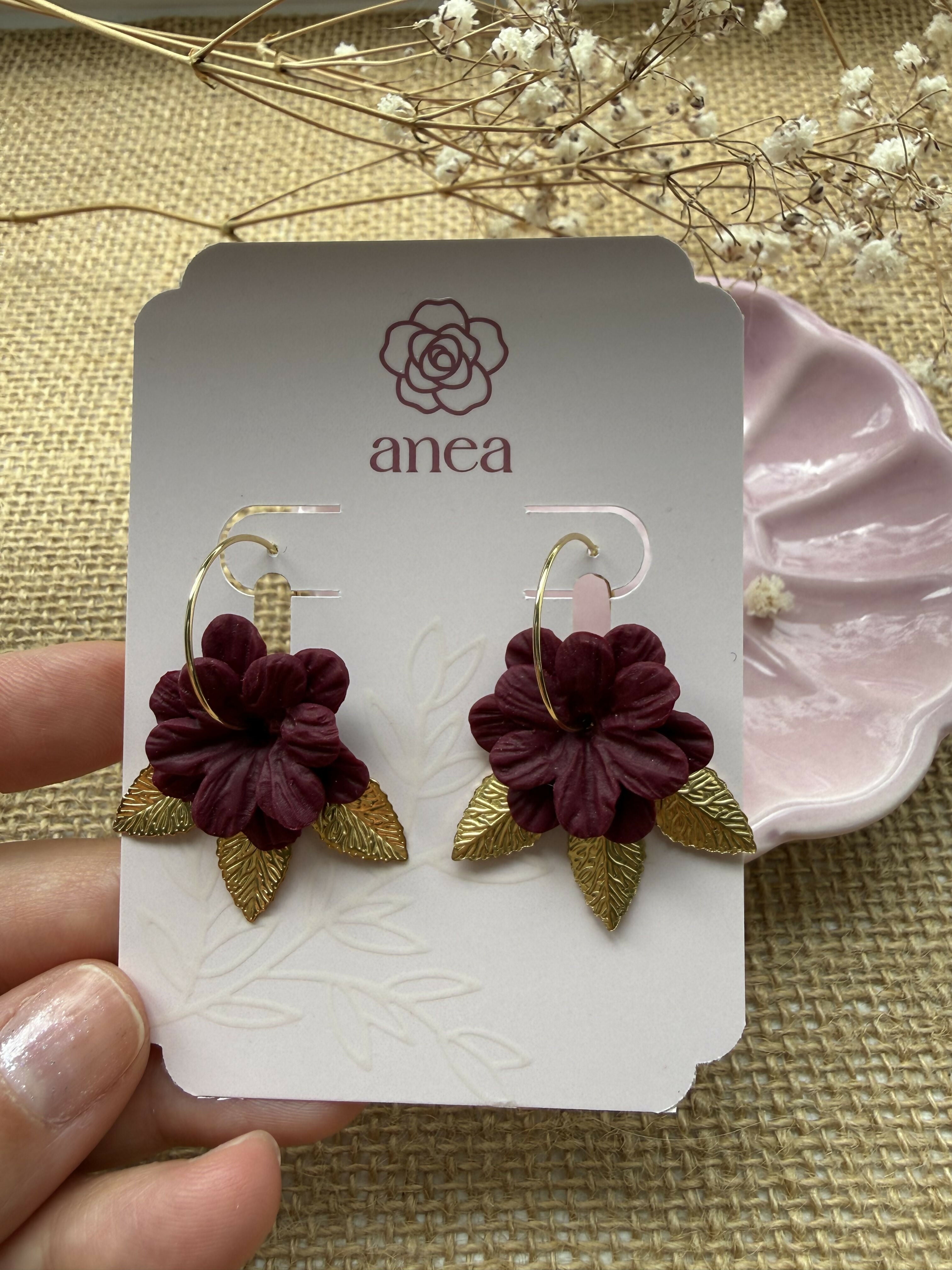 Burgundy Flower Hoop Earrings with Gold Leaf Detail