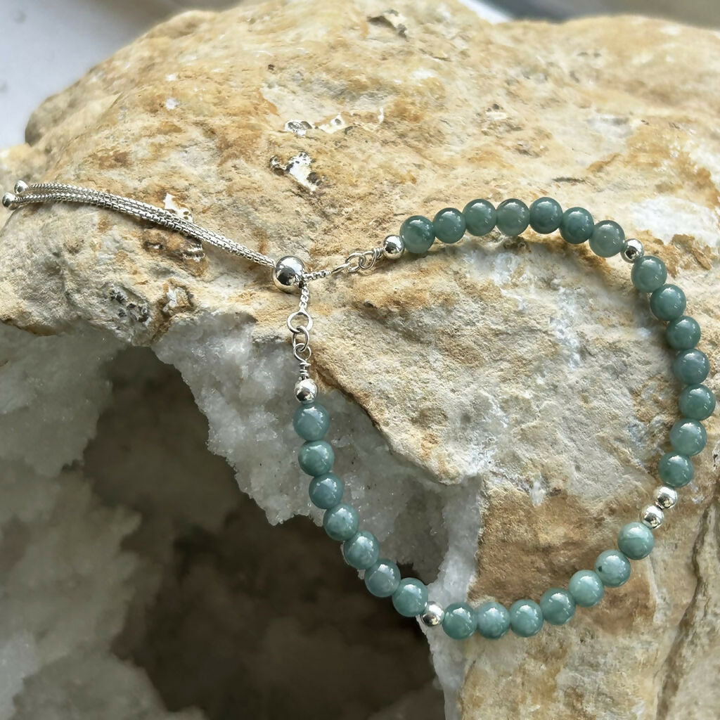 Handmade Sterling Silver Blue Water Jade Beaded Bracelet
