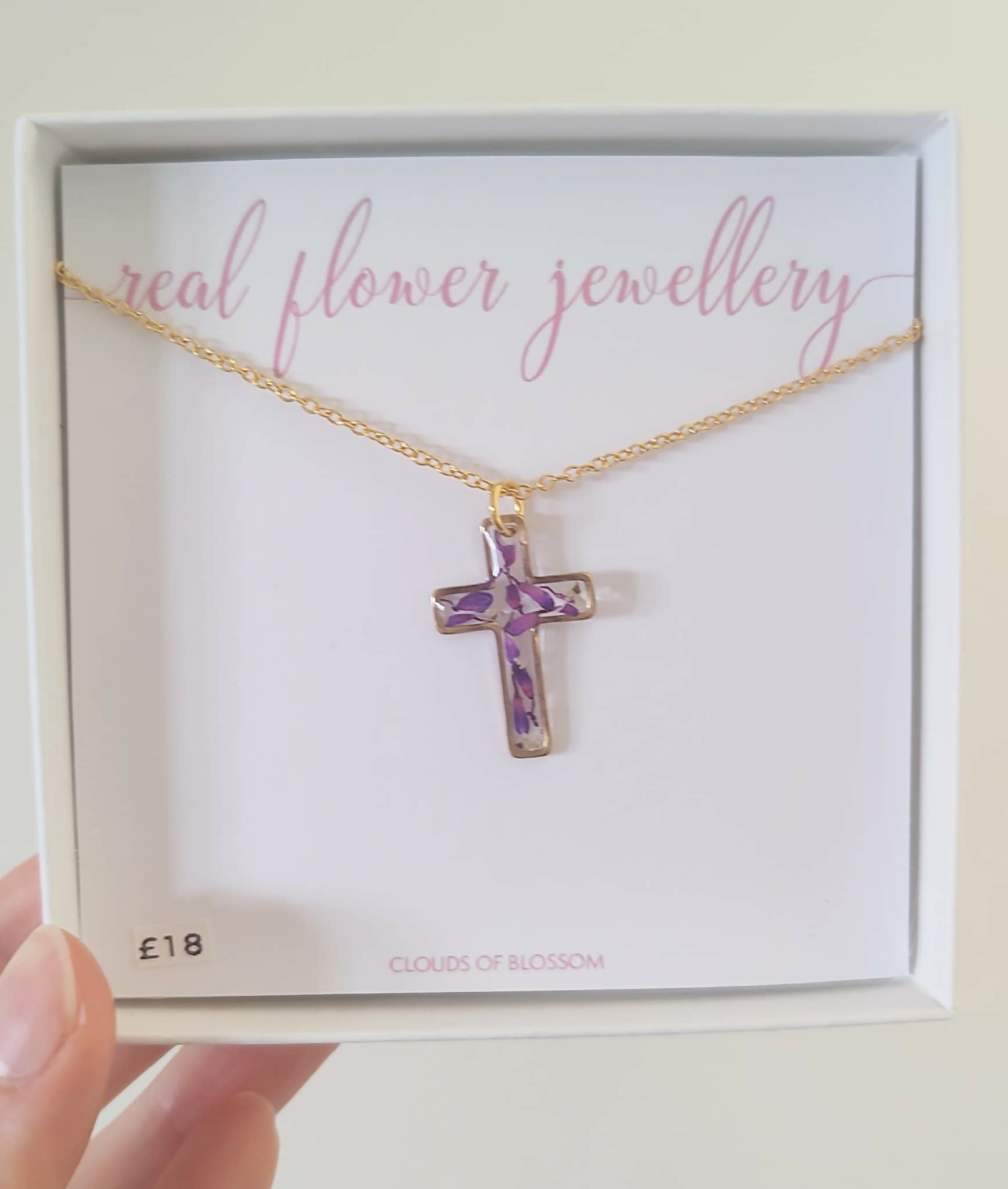 Real Flower Purple Cross Necklace Gold Plated