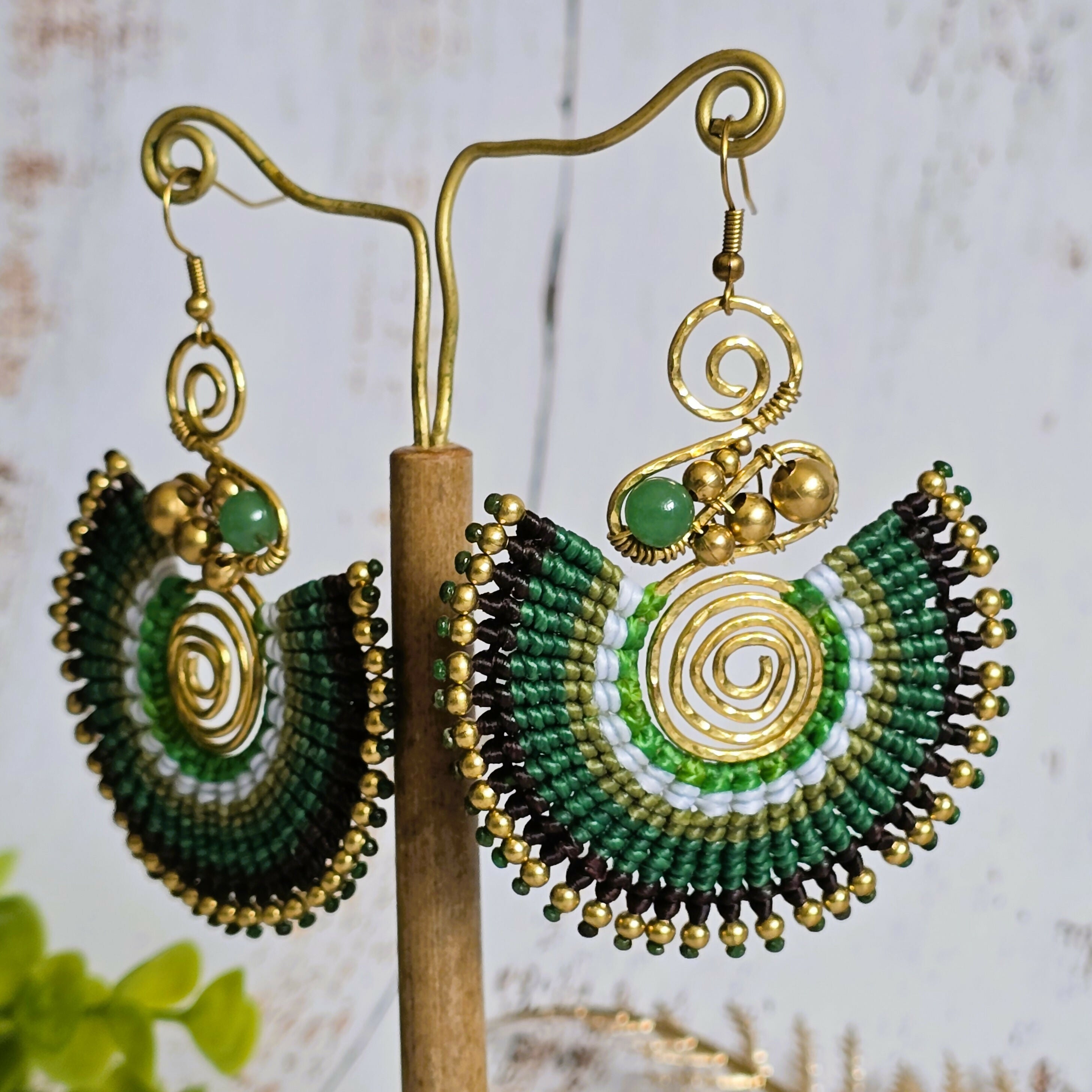 Green Jade Crystal Earrings; Full Moon Macramé Earrings With Gold Spiral & Bohemian Wirework