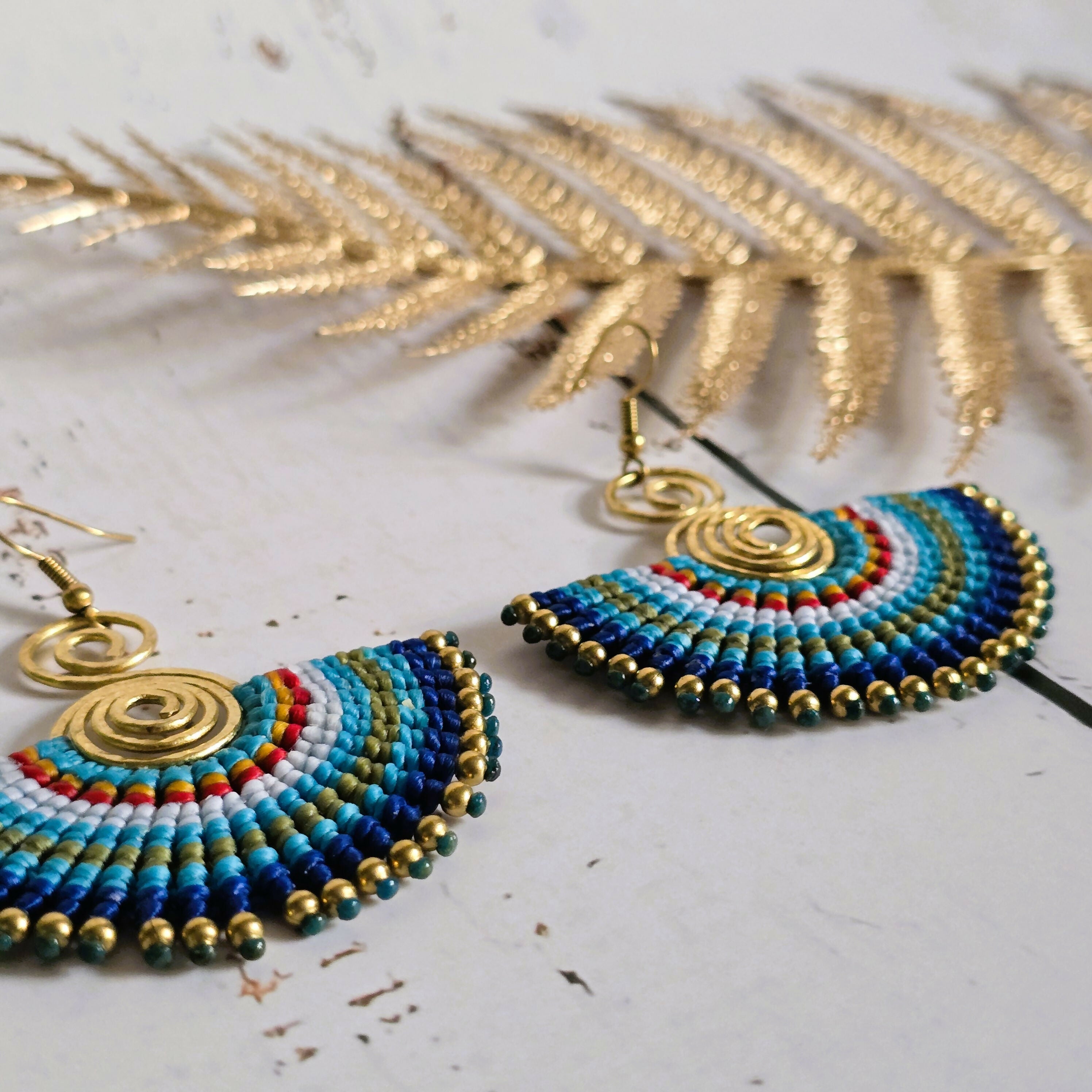 Blue Macrame Earrings; Egyptian Fan Gold Wire Spiral Bohemian Earrings