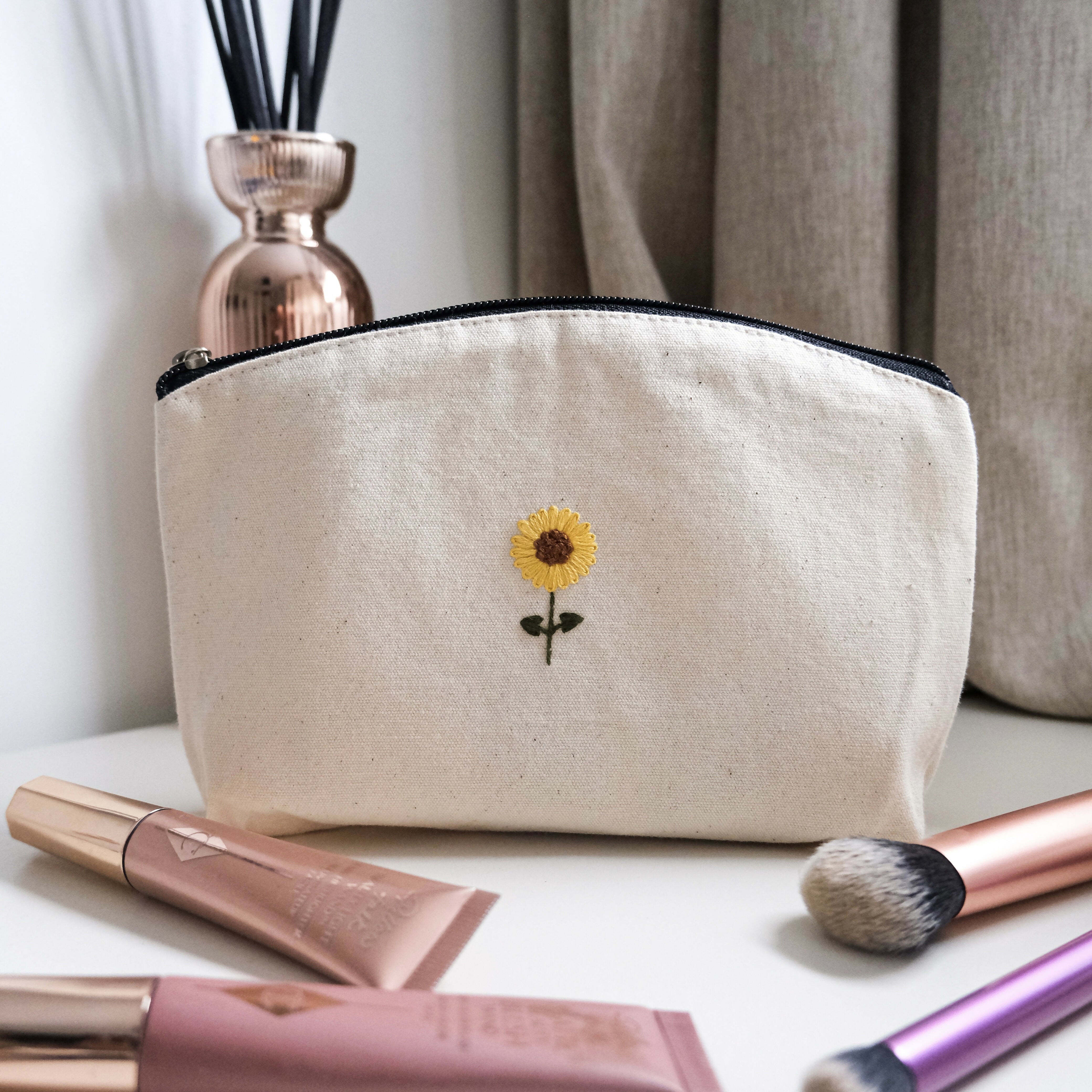 Hand Embroidered Sunflower Makeup Bag