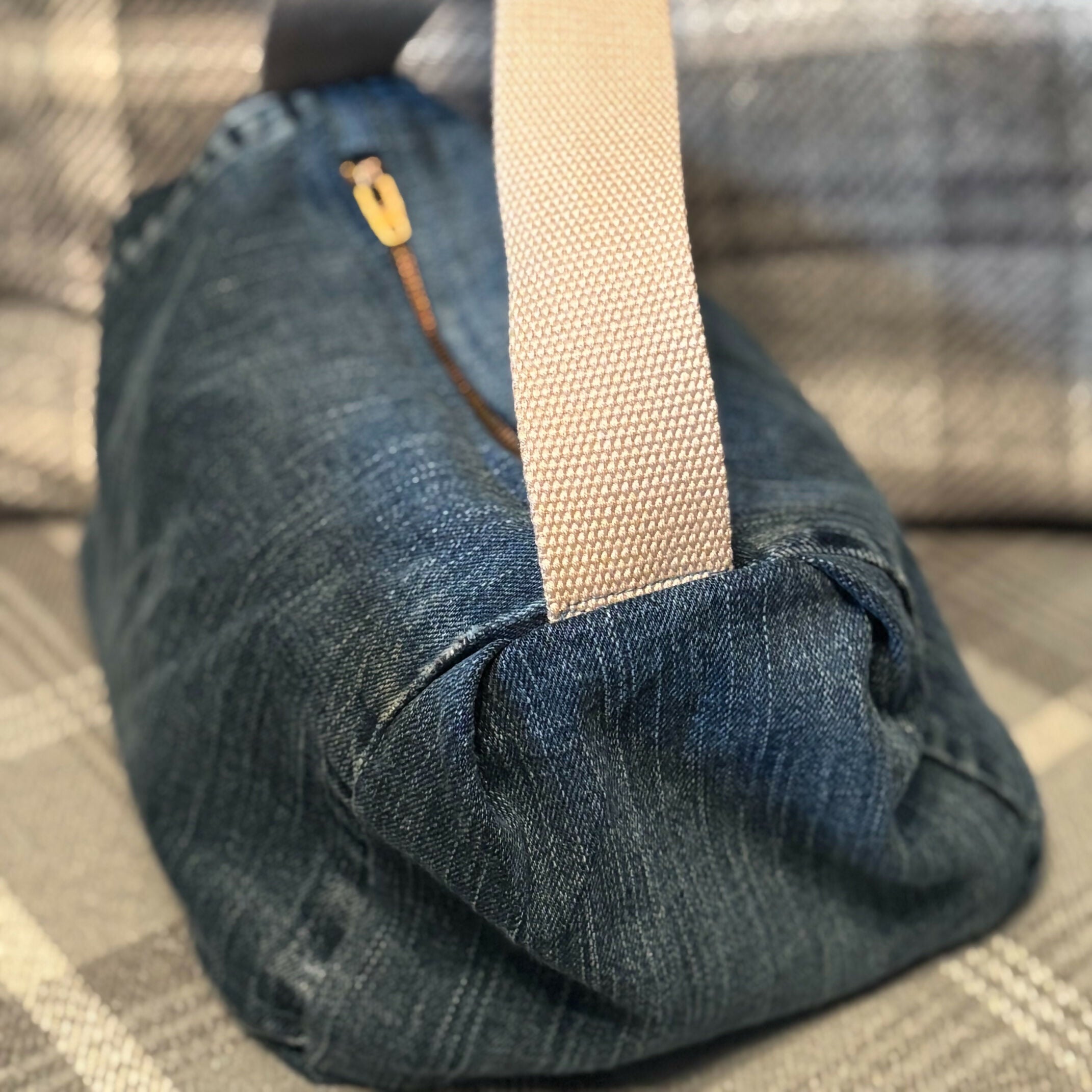 Unique Handcrafted Lined Denim Barrel Bag Handbag Made From Upcycled Jeans
