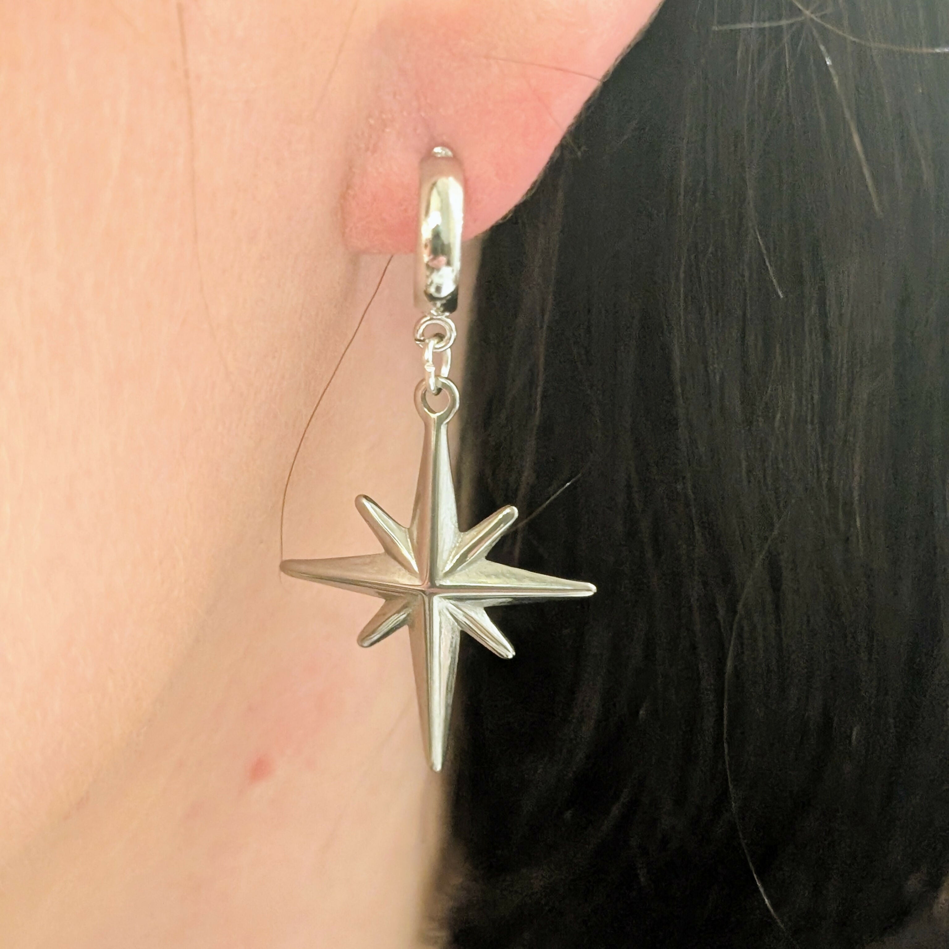 Large Silver North Star Earrings on a Silver Plated Half Loop Huggie Stud