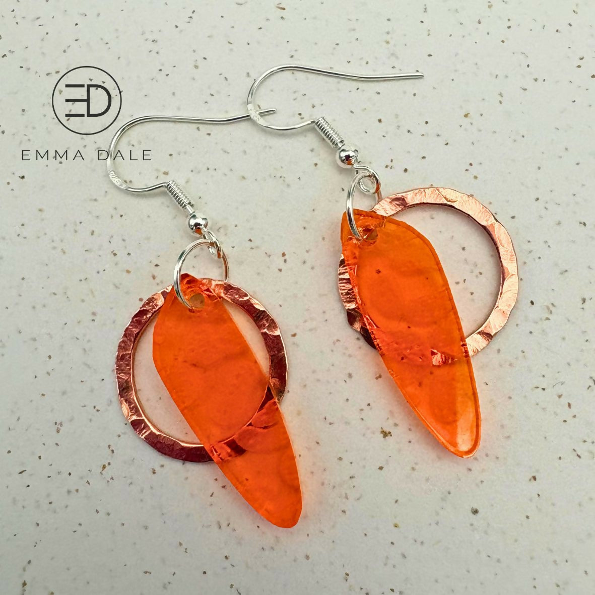 Orange Organic Acrylic & Hand-Hammered Copper Earrings