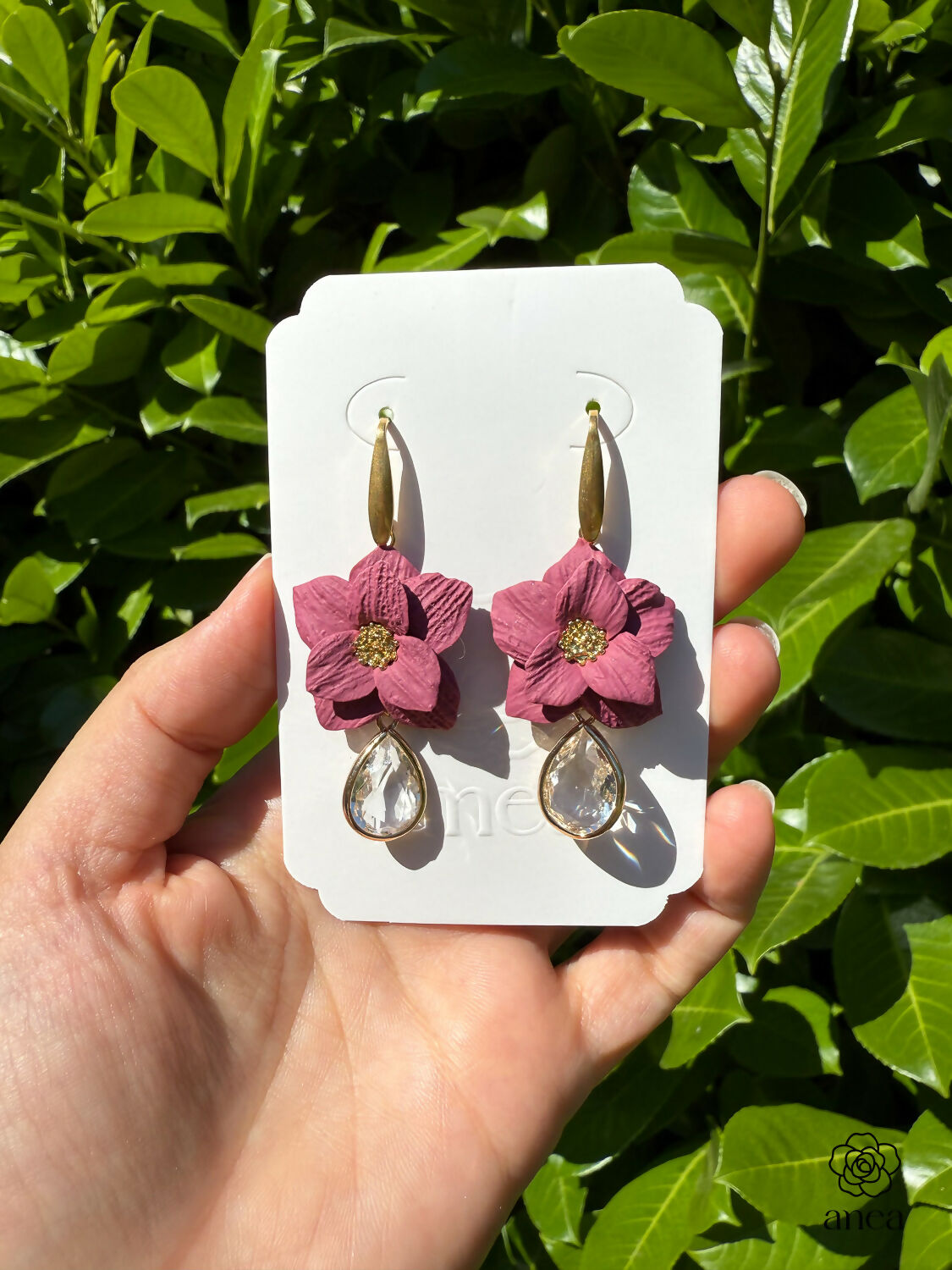 Rose Pink Flower Drop Earrings with Teardrop Crystal Detail