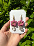 Rose Pink Flower Drop Earrings with Teardrop Crystal Detail