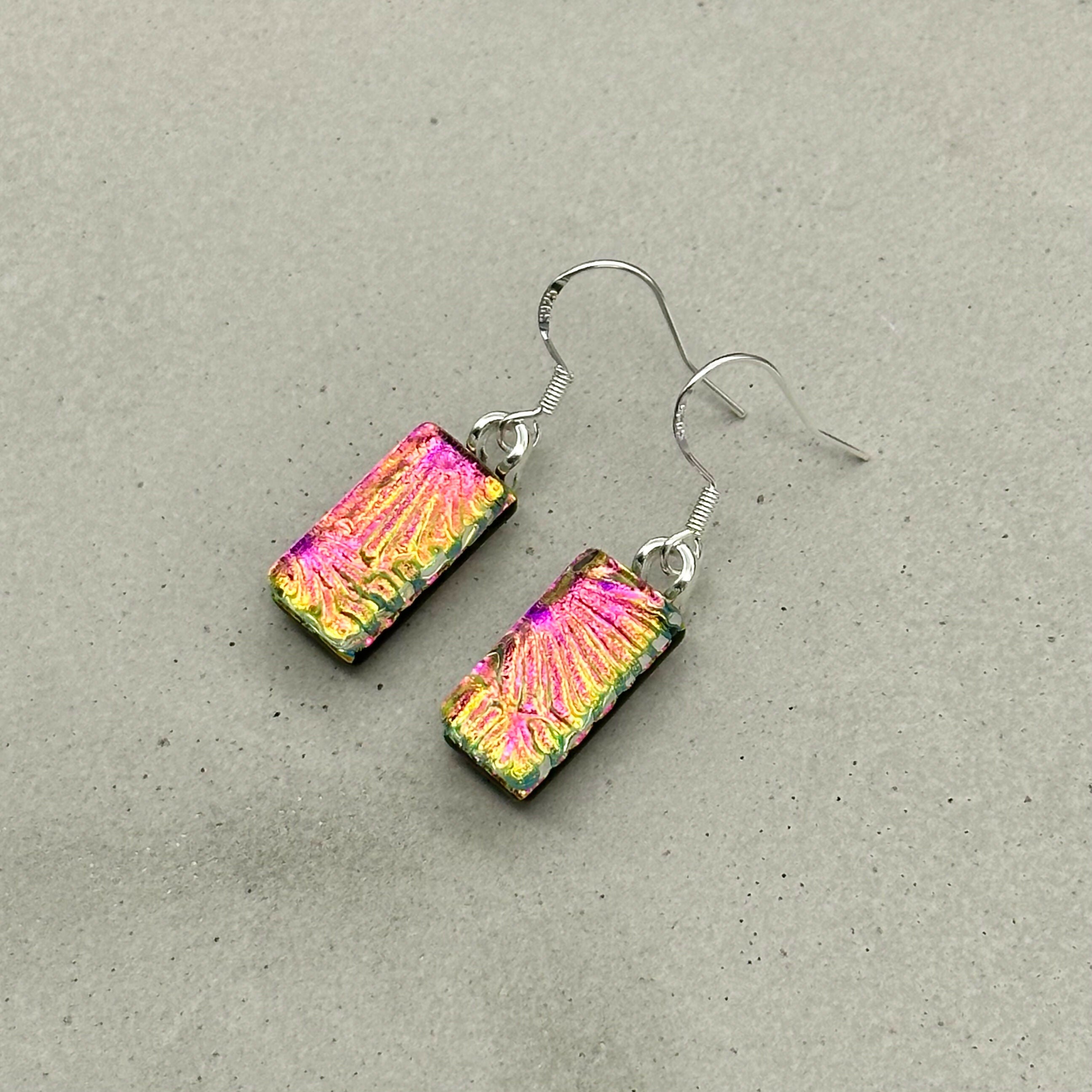 Pink Flower Dichroic Glass Necklace and Earrings Set - Sterling Silver, Handmade by Jade Tapson Glass.