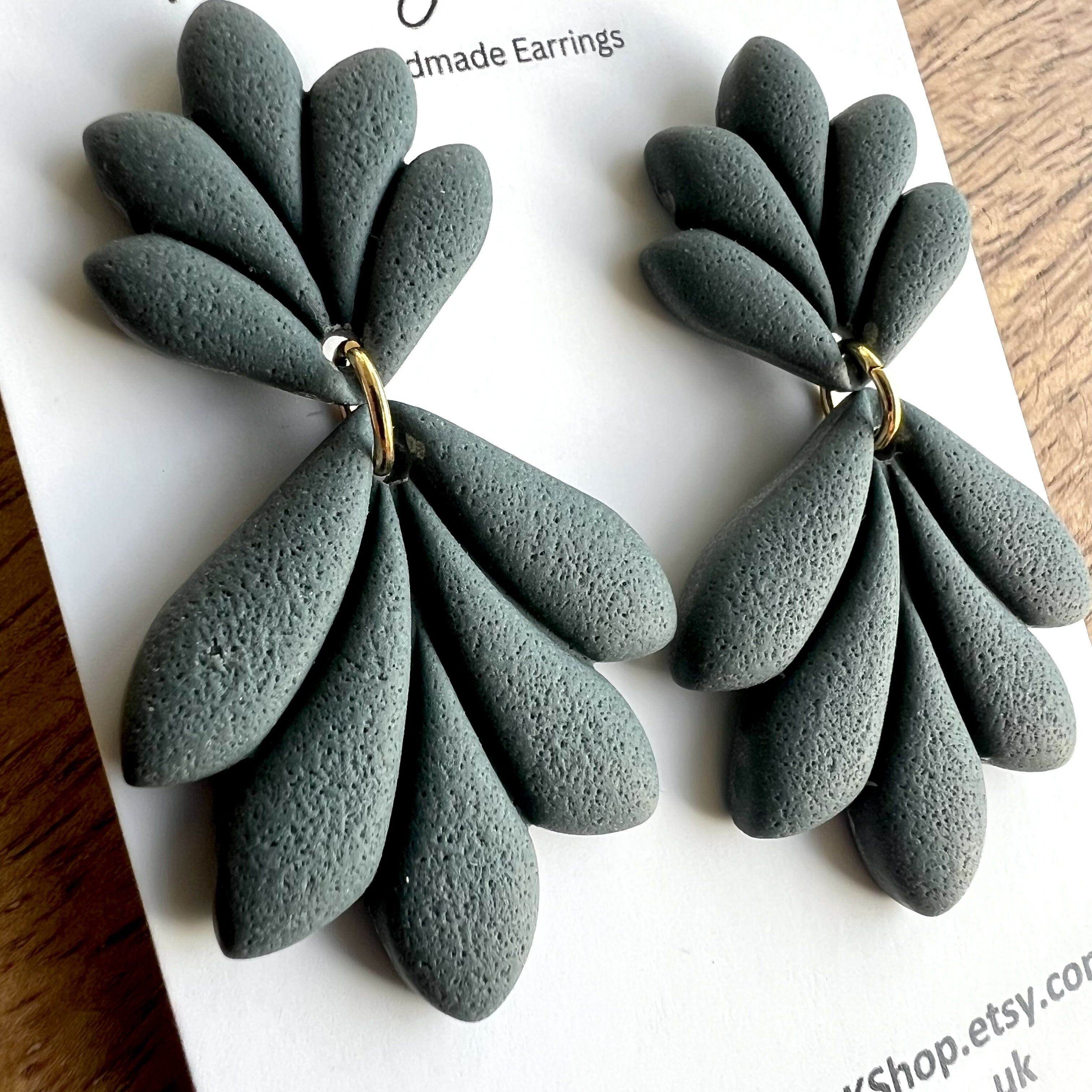 Boho Dark Blue Green Autumn Leaf Earrings /Statement Dangle Polymer Clay Earrings / Handmade Minimalist Jewellery