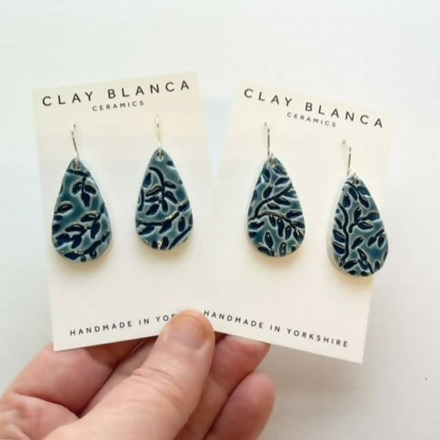 Dark Blue Leaf Pattern Teardrop Dangles