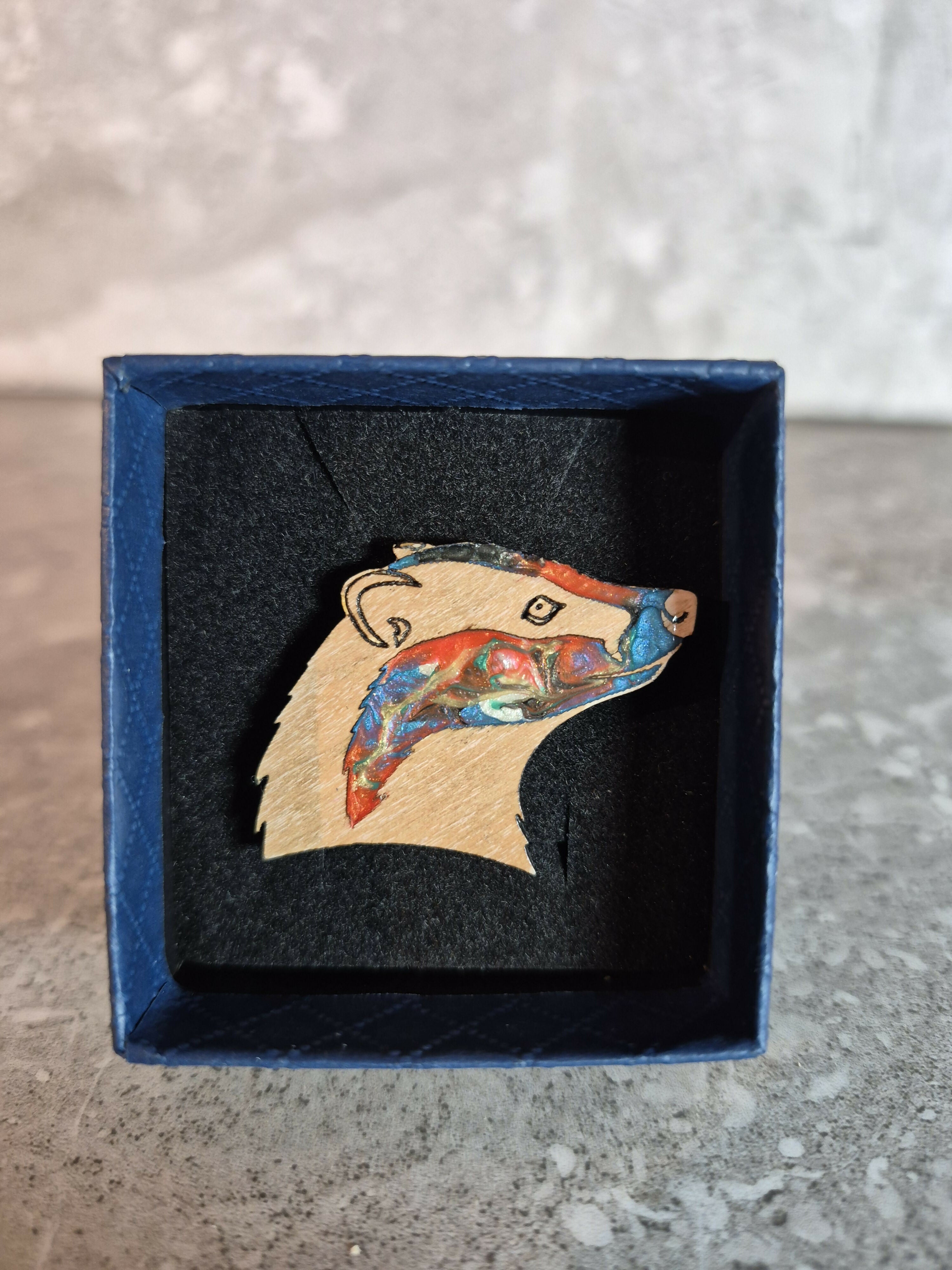 Handcrafted Cherry Veneer Badger Head Pin