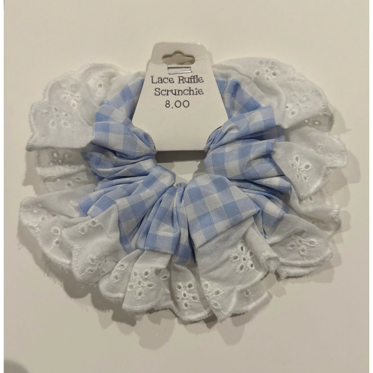 Baby Blue Gingham Oversized Ruffle Broderie Lace Hair Scrunchie