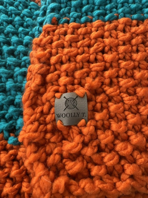 LONG COSY CHUNKY STRIPY SCARF - ORANGE & RAINFOREST BLUE