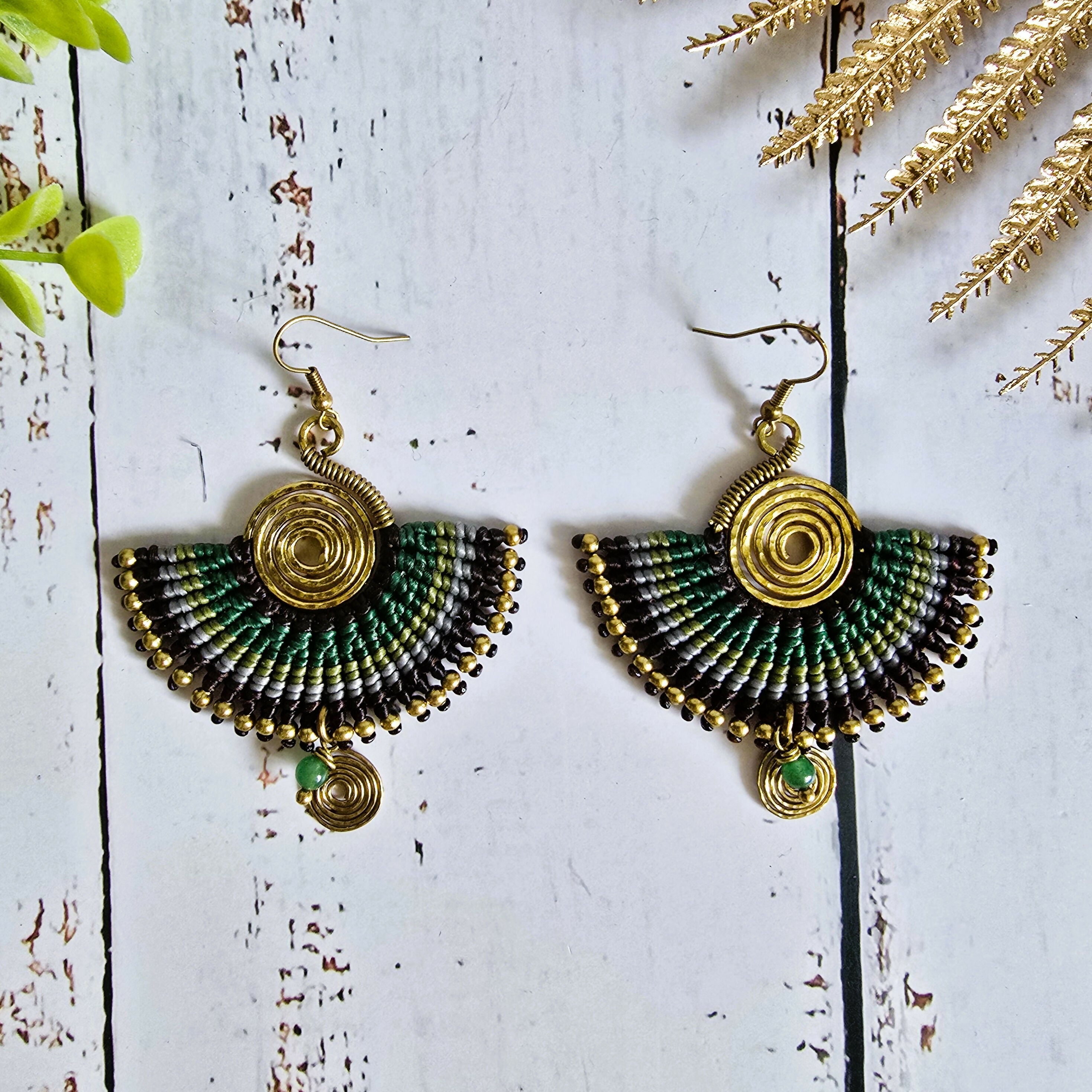 Green Jade Macramé Earrings; Boho Crystal Earrings with Gold Spiral Wire Art